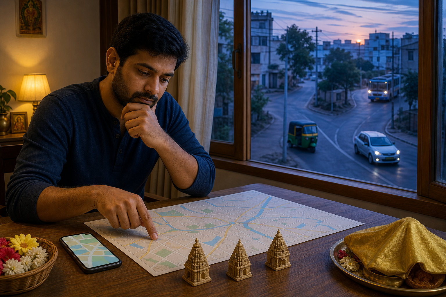 A devotee compares an unlabeled phone map and paper map while several transport options wait on a Hyderabad street outside.