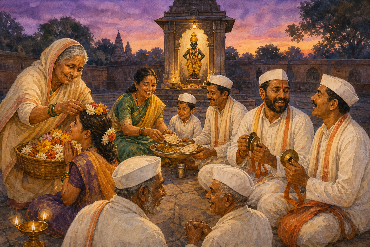 A multigenerational group of Warkari devotees offers flowers, shares food, and sings together before a shrine of Vithoba.