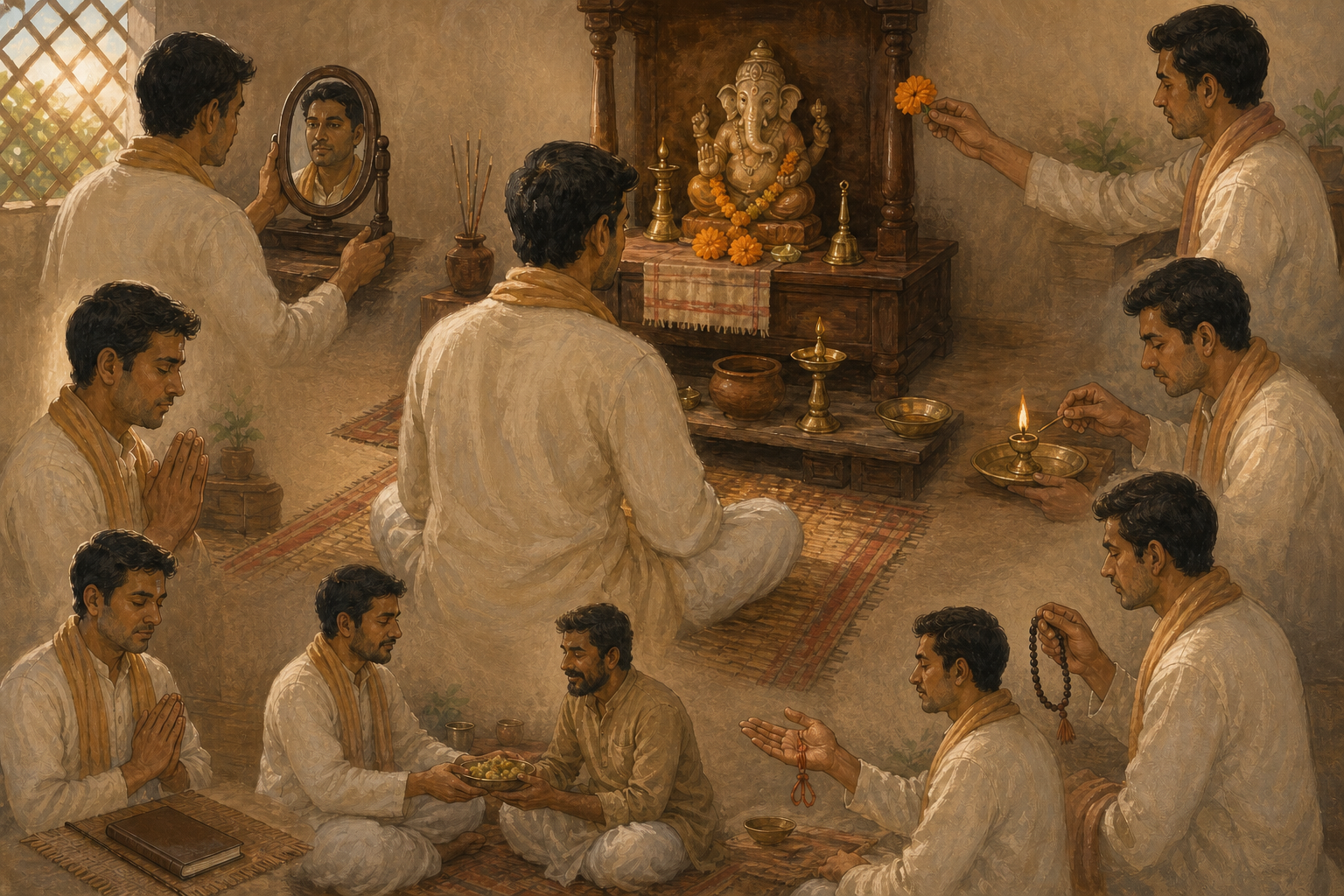 A seated practitioner performs a simple home devotion before a Ganesha shrine, surrounded by a flower, lamp, prayer beads, food offering, mirror, thread, and closed journal.
