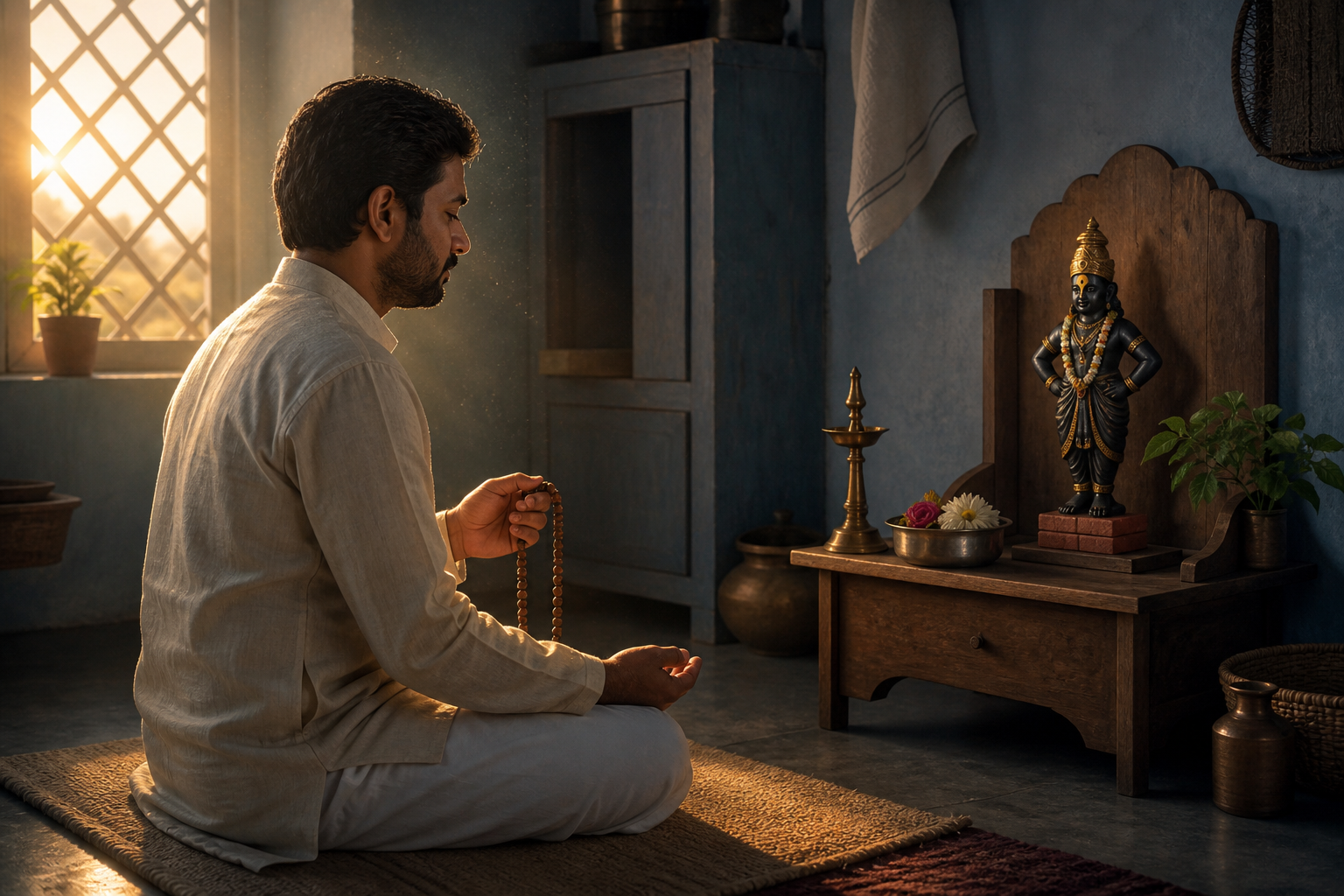 A devotee uses wooden prayer beads at dawn before a small household shrine of Vithoba.