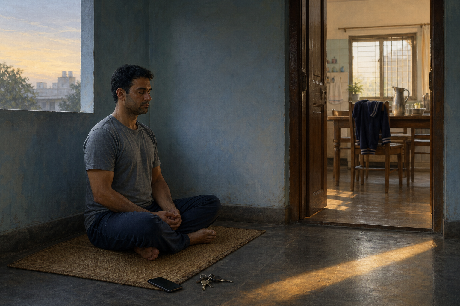 A householder meditates on a woven mat in a quiet alcove beside an open doorway leading into a lived-in family home.