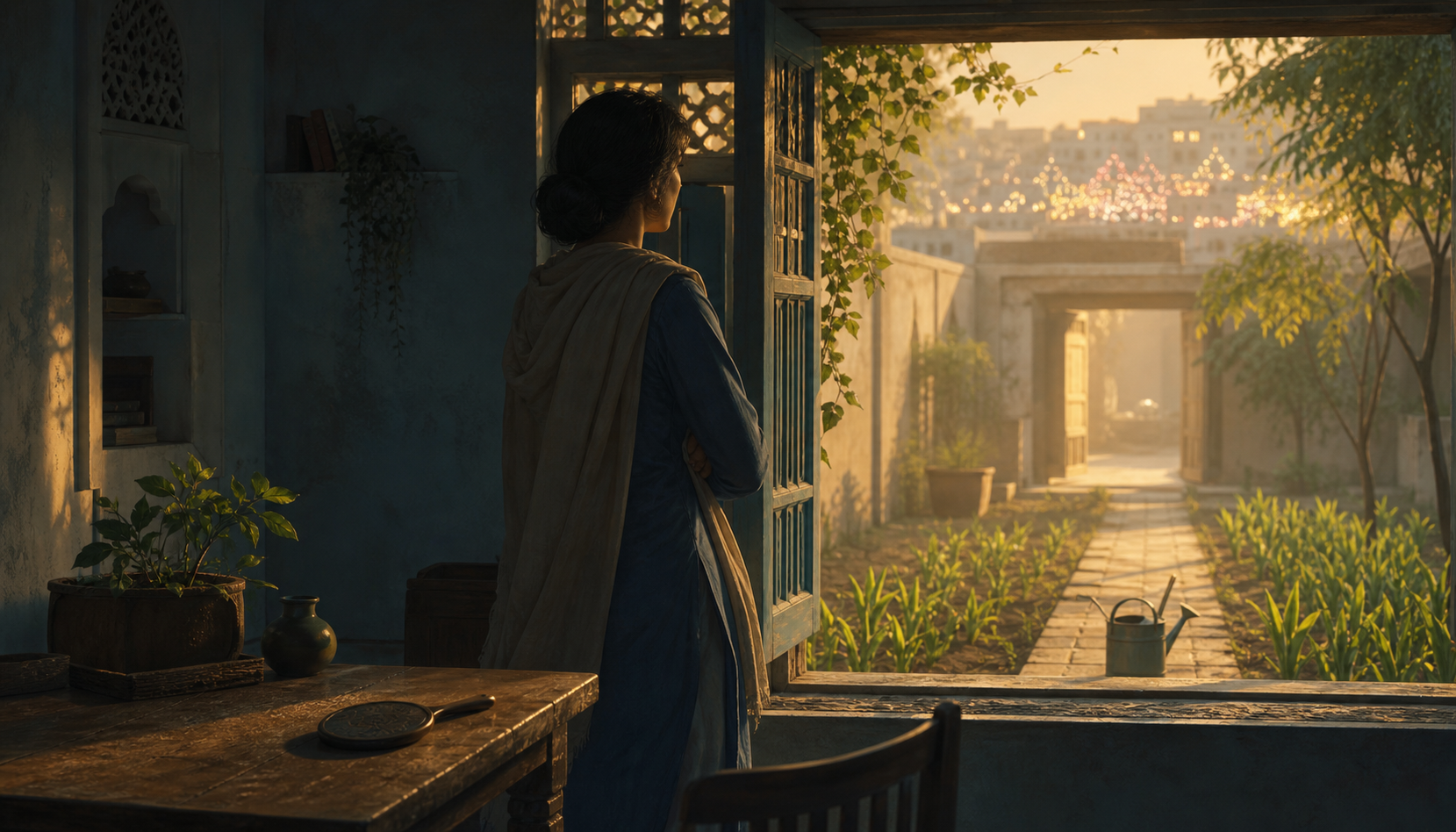 A person turns from distant celebration lights toward a sunlit courtyard path with fresh plants and a watering can.