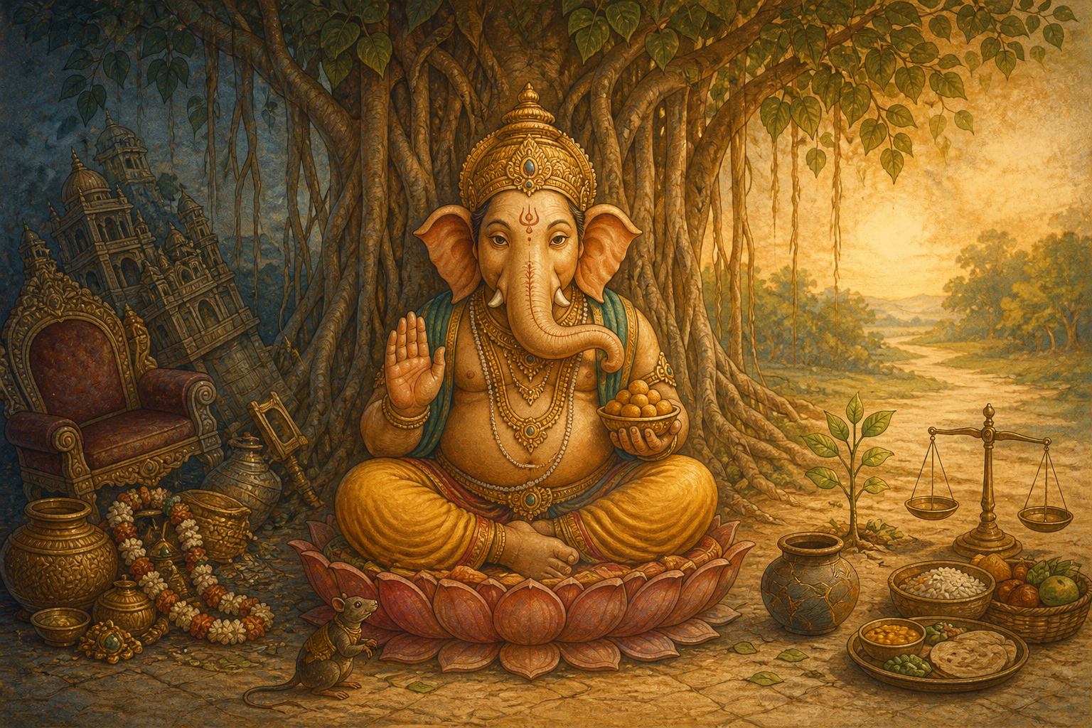 Ganesha sits beneath a banyan tree with a mouse nearby, between shadowed symbols of status and sunlit objects representing balance, generosity, repair, and growth.