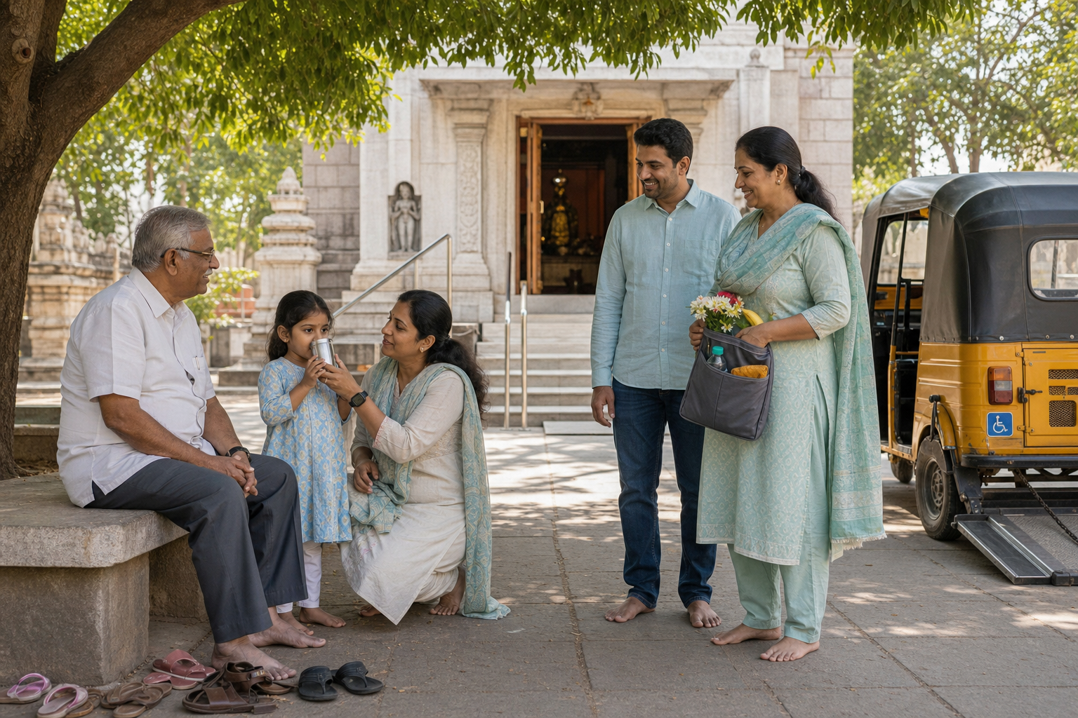 A multigenerational family rests in a shaded temple courtyard while a child drinks water and an auto-rickshaw waits nearby.