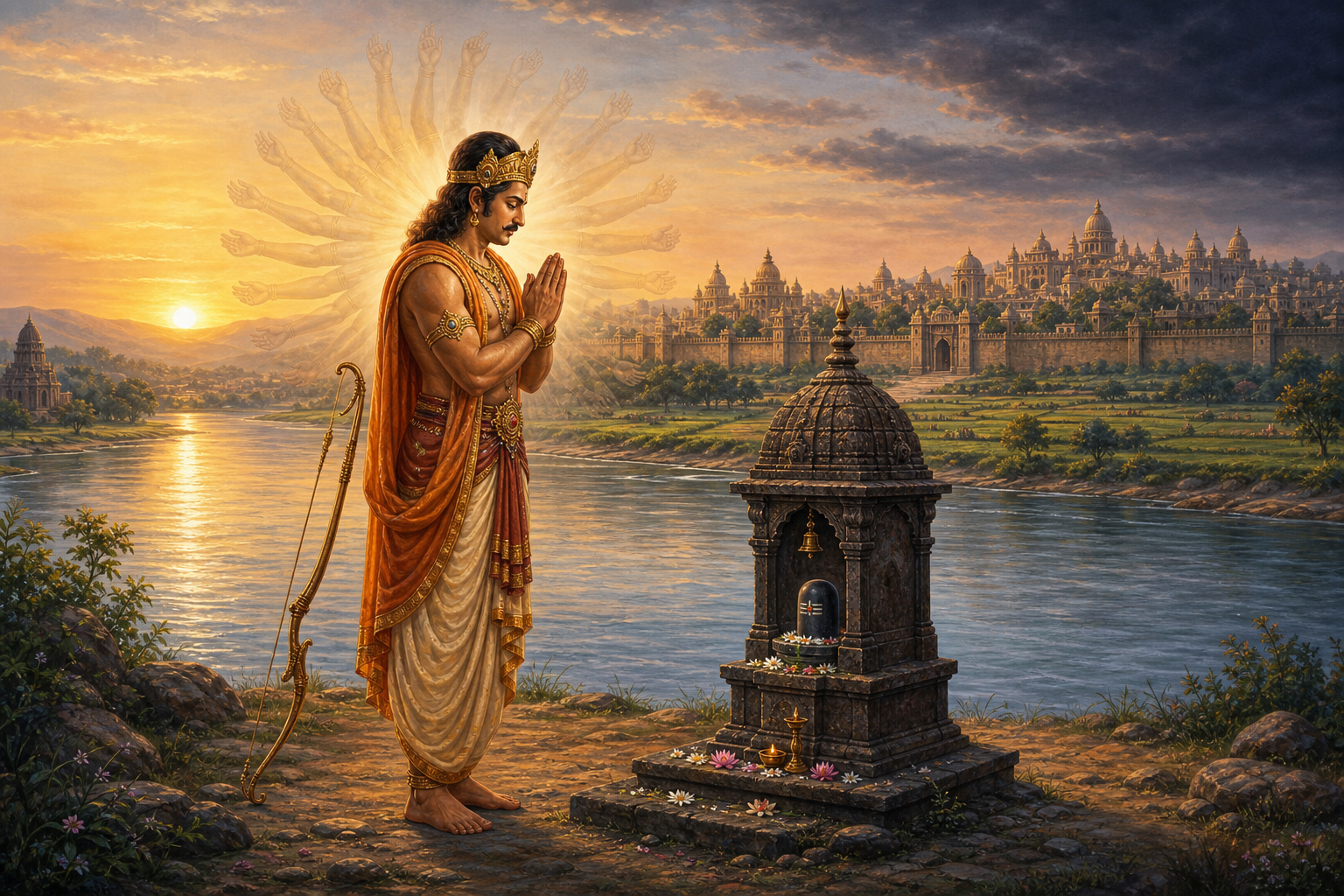 Kartavirya Arjuna stands in prayer beside a river and a small Shiva shrine, with a many-rayed halo symbolizing his legendary thousand arms and an ancient city in the distance.