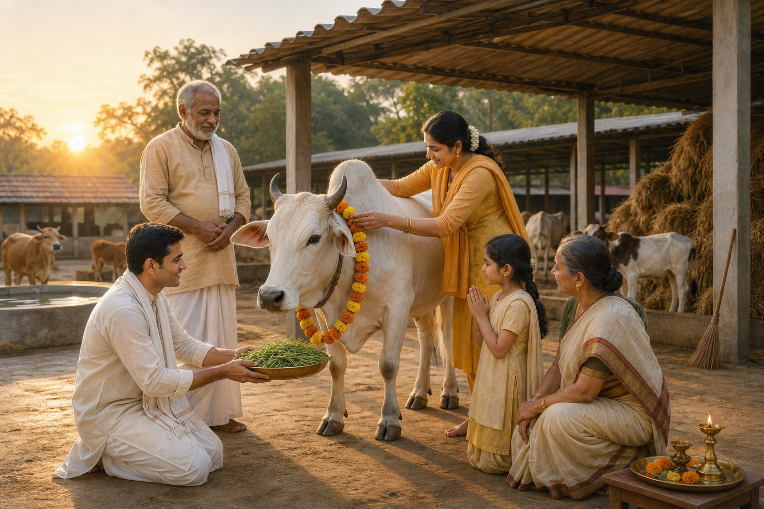 A family and goshala caretaker gently worship a calm garlanded cow while offering fresh fodder in a clean, shaded shelter.