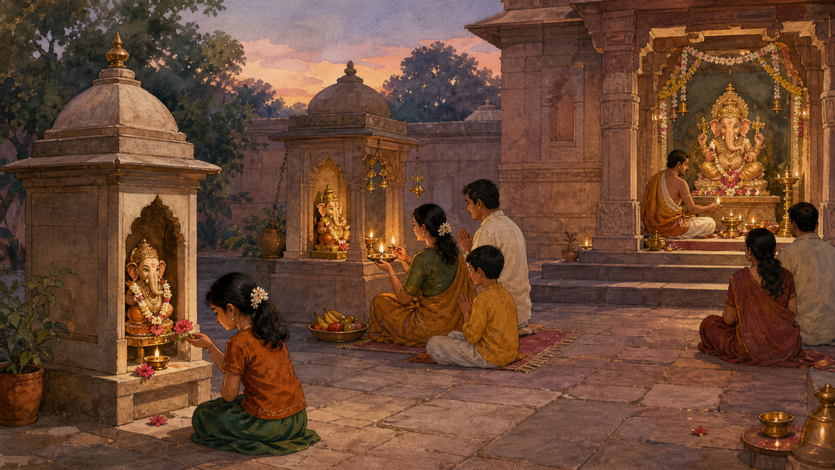 Three worship settings in one temple courtyard show an individual flower offering, a family lamp offering, and a priest conducting a more detailed Ganesha puja.