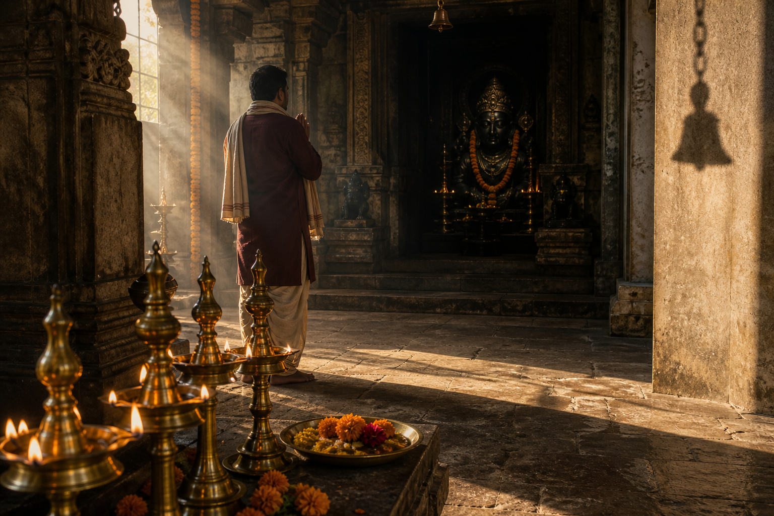 A devotee stands with folded hands before a dark-stone shrine as oil lamps glow and morning sunlight crosses the temple floor.