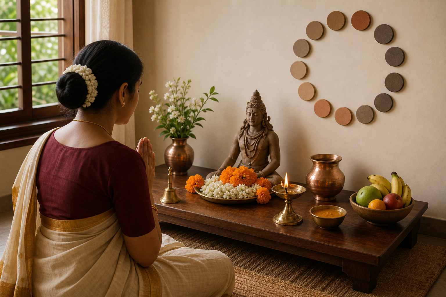 A devotee sits before a simple home altar with an oil lamp, flowers, fruit, a copper vessel, and a circular arrangement representing lunar phases.