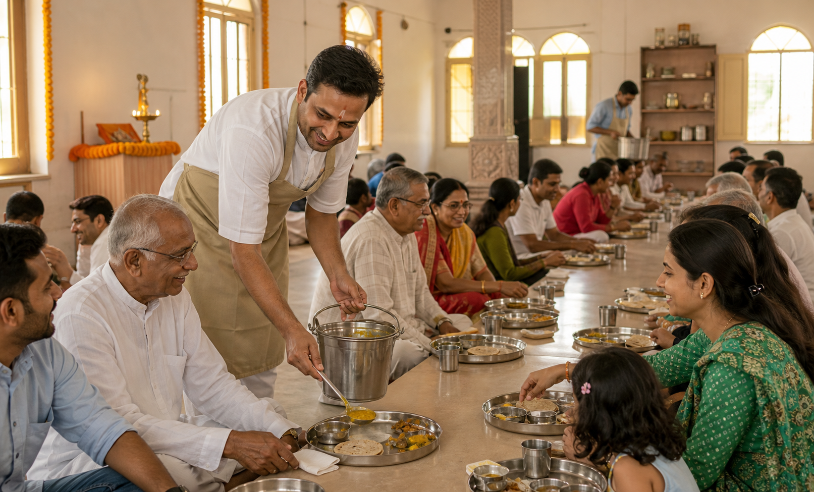 Volunteers and guests sit together in a Gujarati community hall while sharing a vegetarian meal served on stainless-steel thalis.