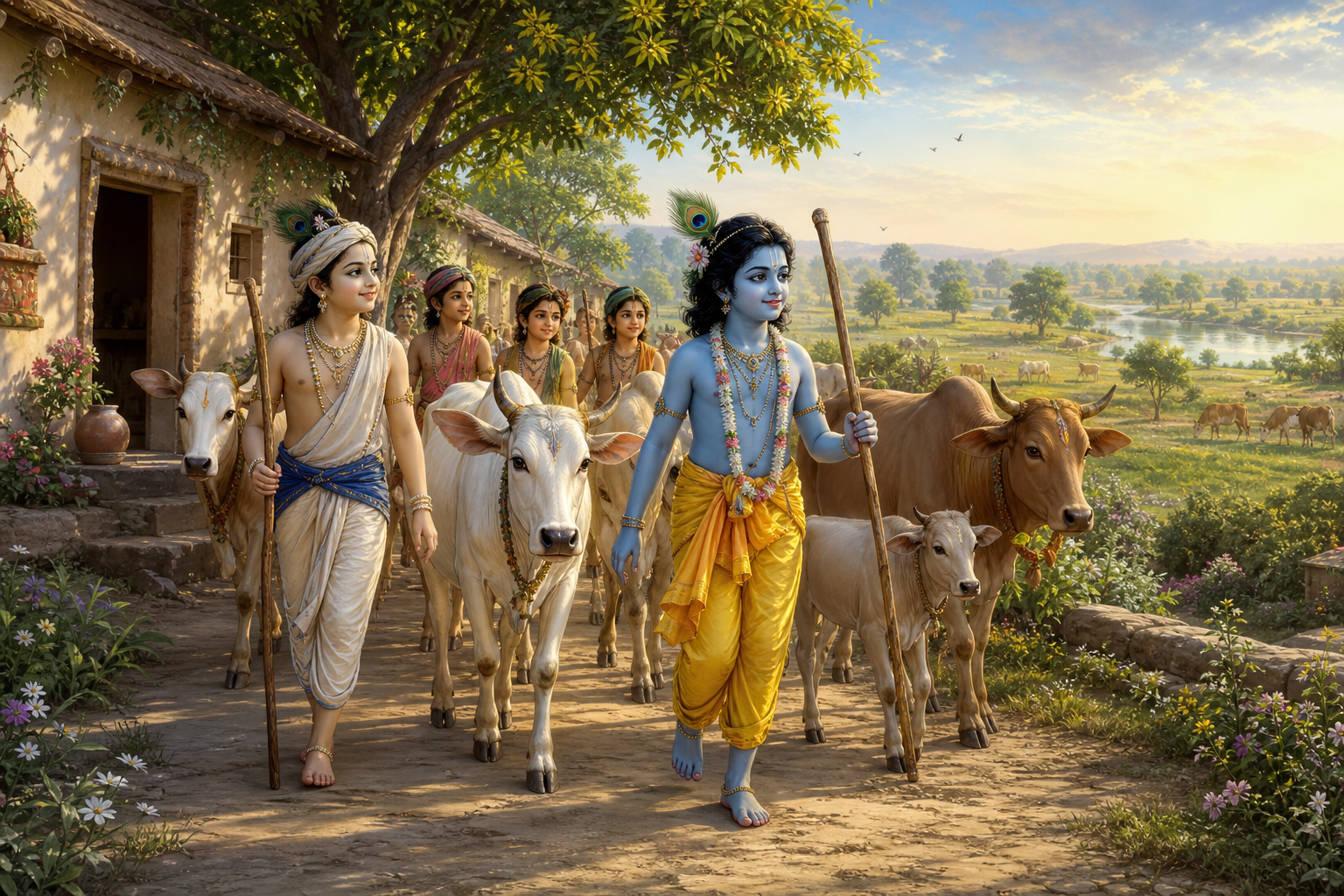 Young Krishna walks from a Vraja village with Balarama, cowherd companions, and a calm herd of cows at sunrise.