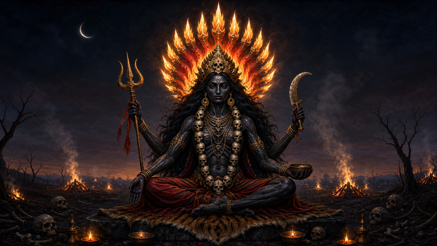 Chamunda sits calmly in a twilight cremation ground with a skull garland and ritual weapons as a symmetrical crown of red and gold flames rises above her head.