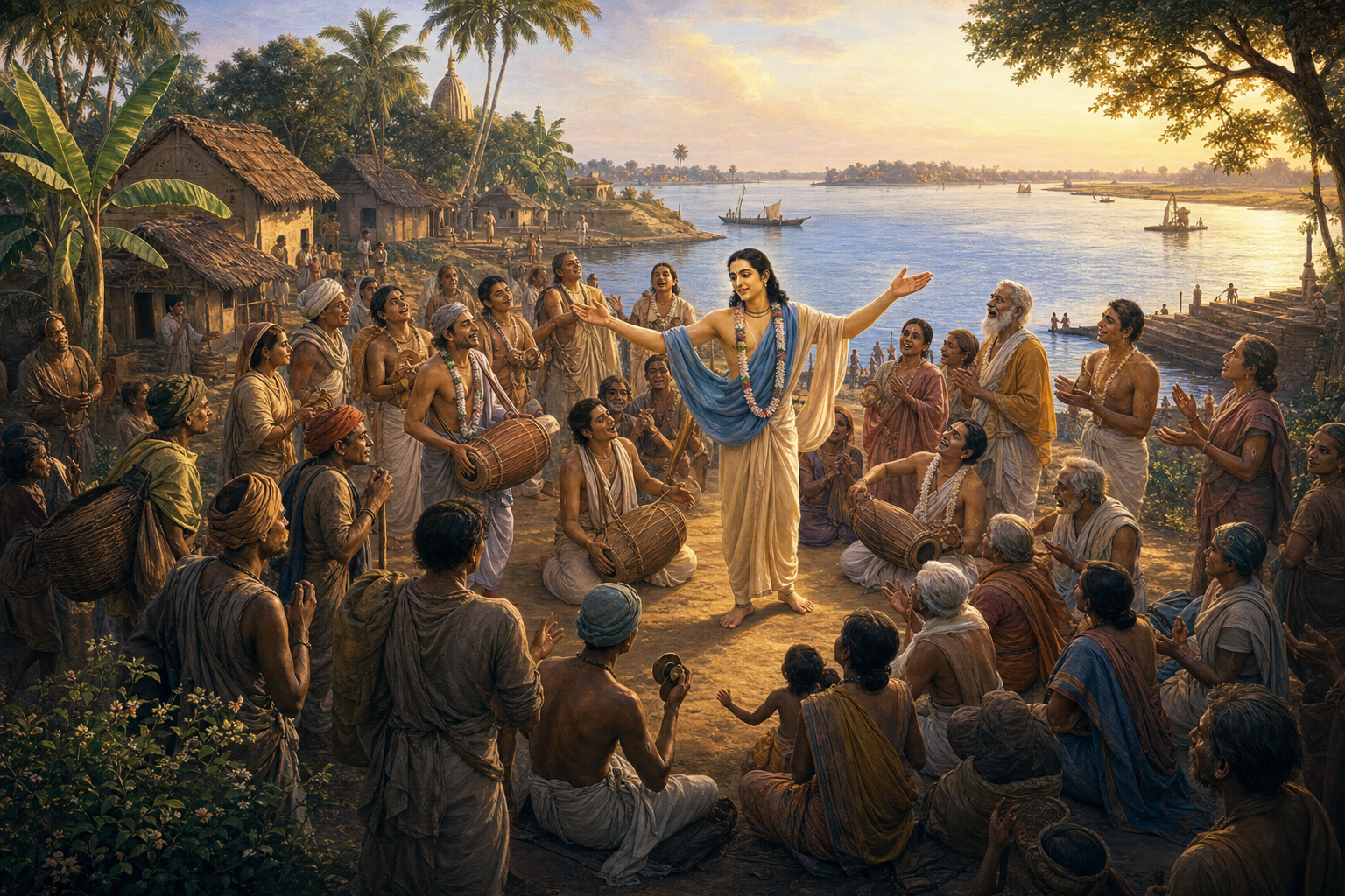 Nityananda Prabhu welcomes a diverse group of villagers into a riverside sankirtana with drums and hand cymbals in sixteenth-century Bengal.