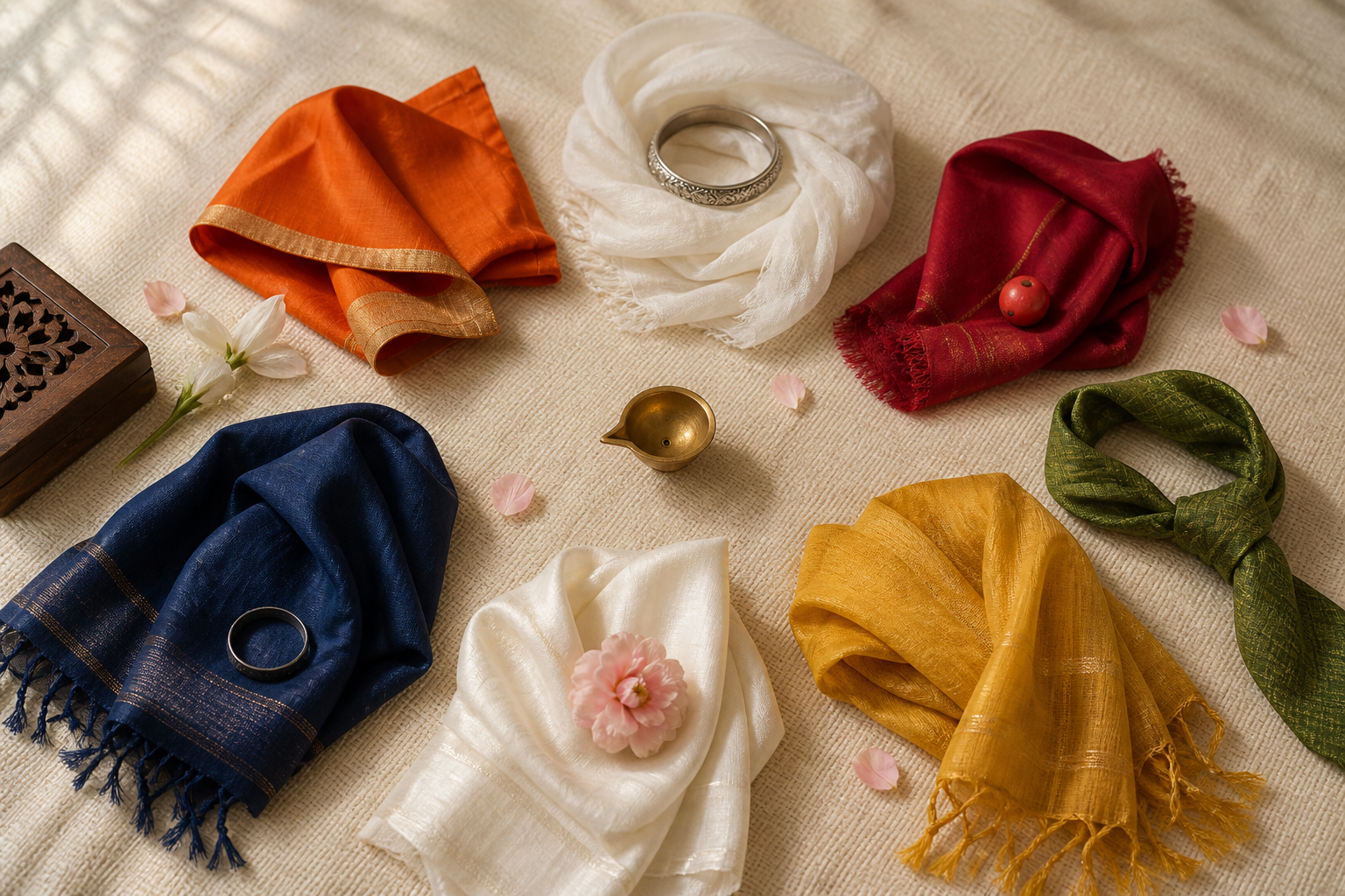 Overhead arrangement of seven colour-themed wearable accessories in orange, white, red, green, yellow, pale pink, and deep indigo around a brass oil lamp.