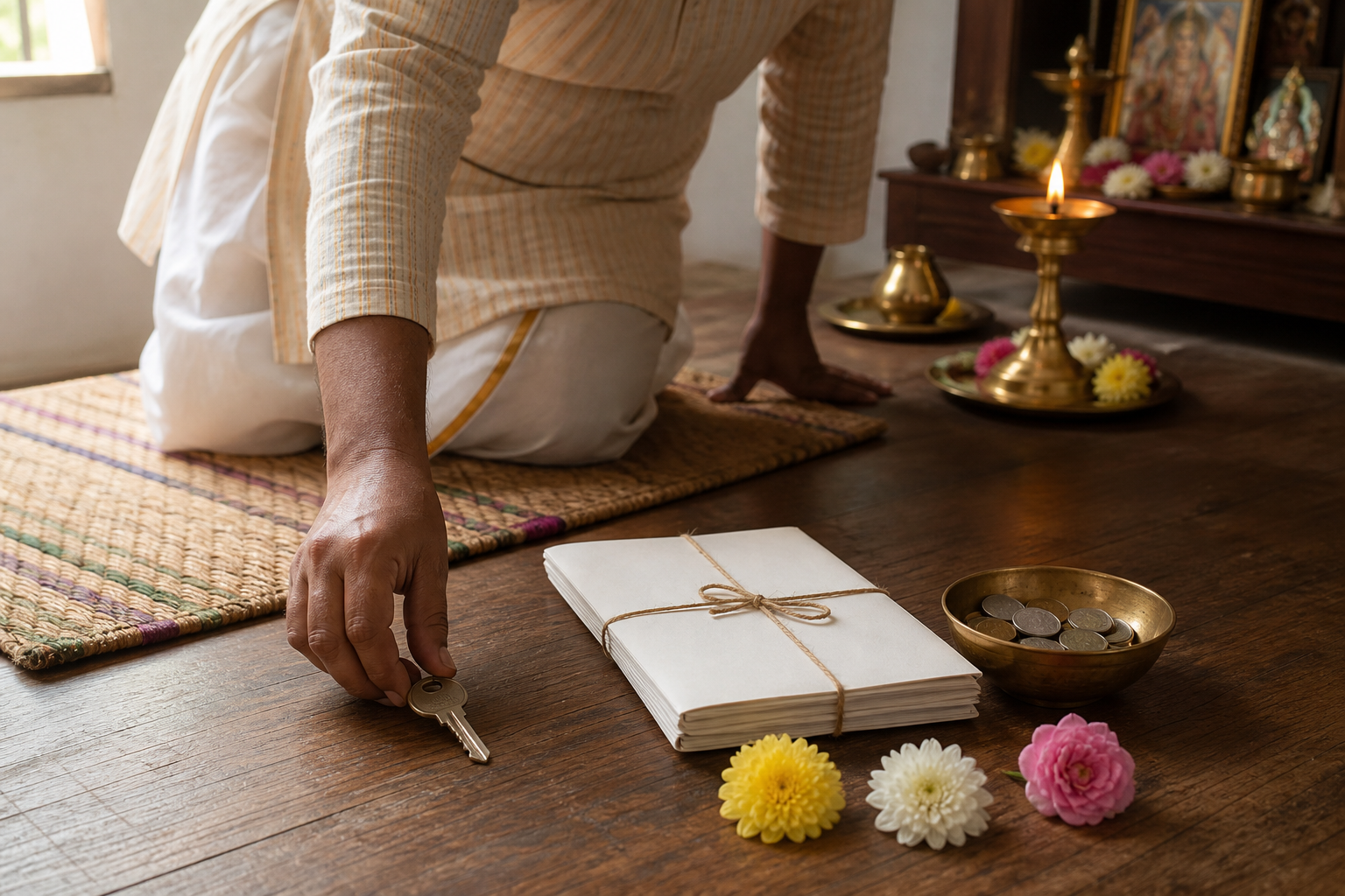 A devotee rises from a prayer mat and places a house key, blank household records, and coins near flowers while an oil lamp glows on the altar behind.