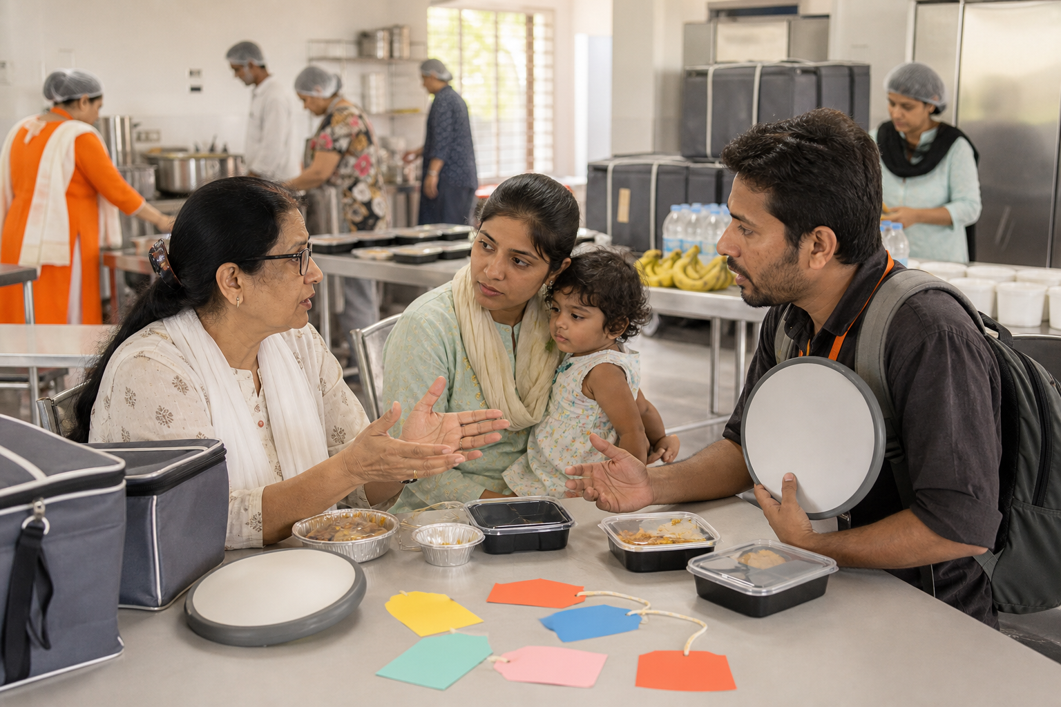 Community members and meal organizers confer at a table while volunteers prepare food and insulated delivery containers in the kitchen behind them.