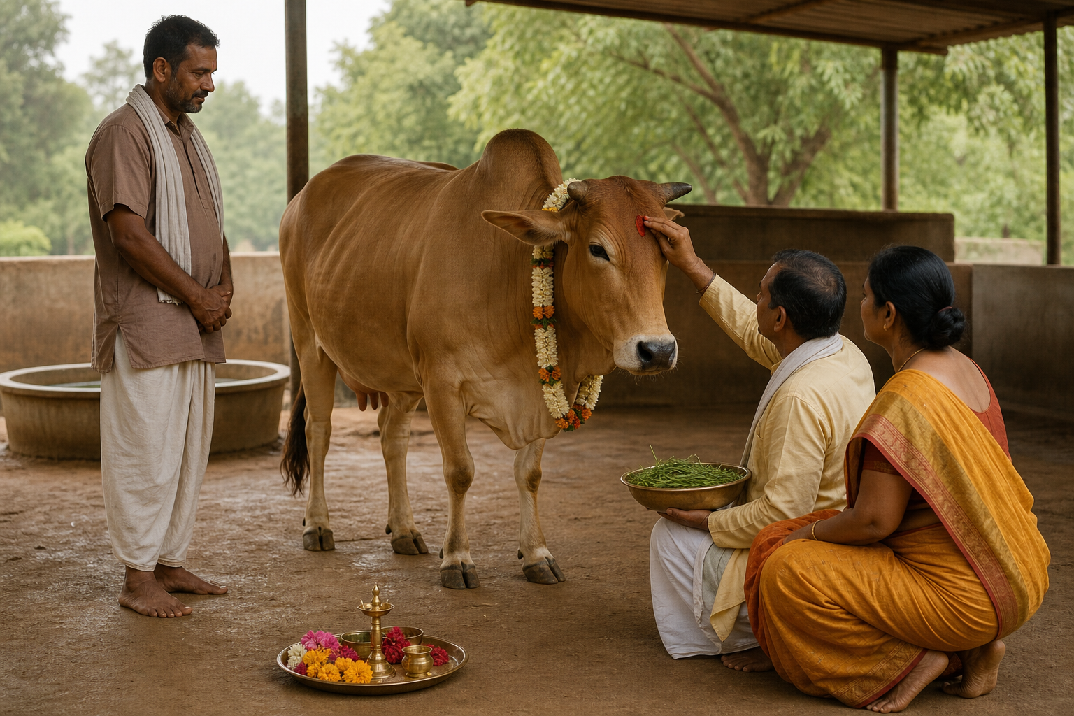 Devotees perform a simple Gau Puja beside a caretaker, offering a relaxed cow flowers and fresh fodder without crowding her.