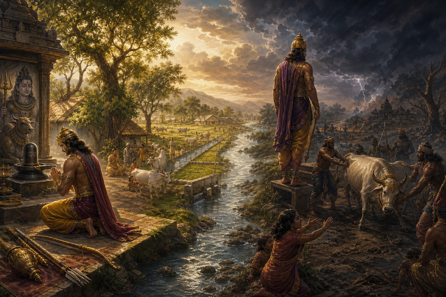 A continuous landscape contrasts a humble king praying near a hermitage and prosperous fields with a darker scene of royal attendants seizing a household's cow.