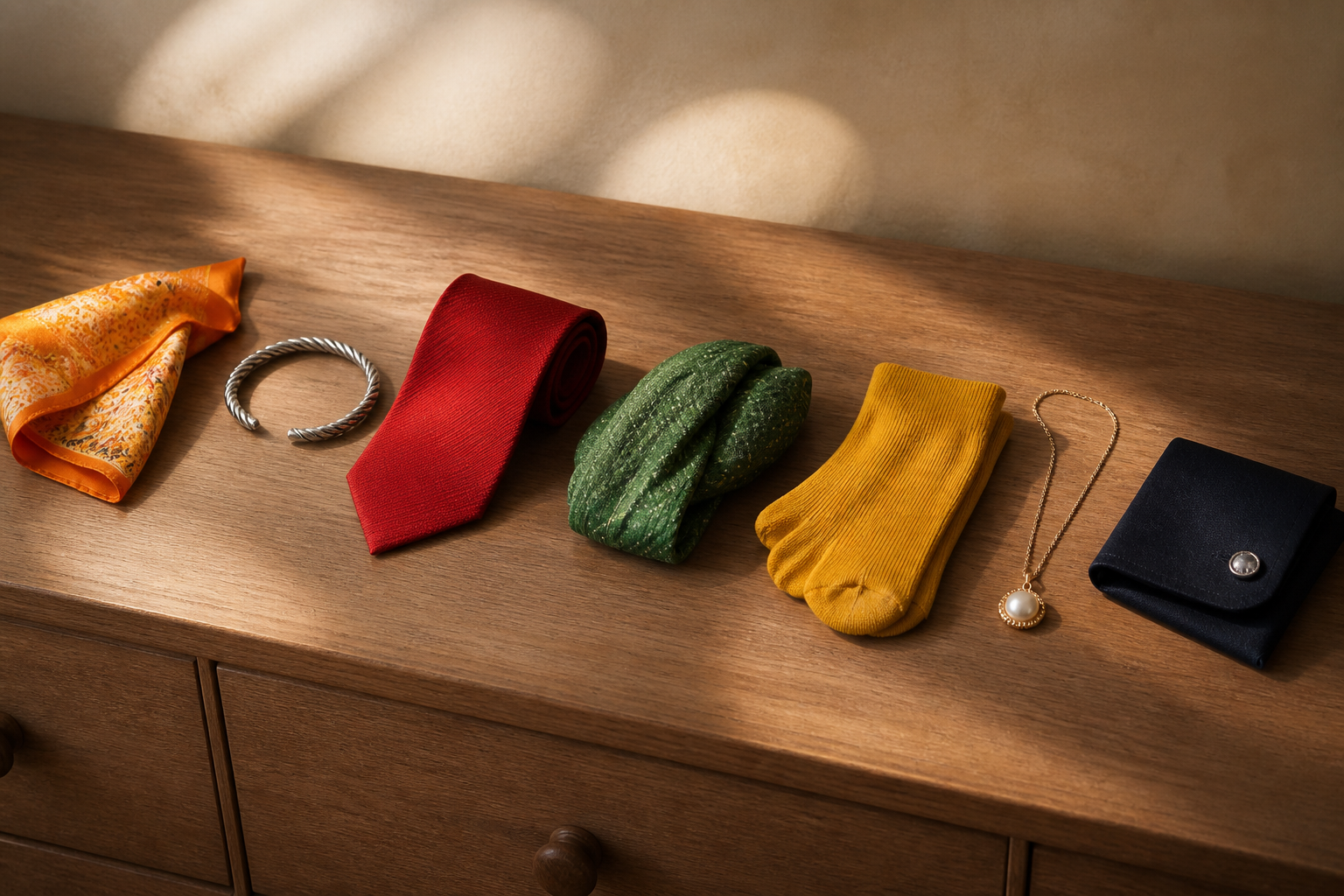 Seven wearable accessories in orange-gold, white-silver, red, green, yellow, pearl pink, and dark indigo arranged across a wooden dressing table.
