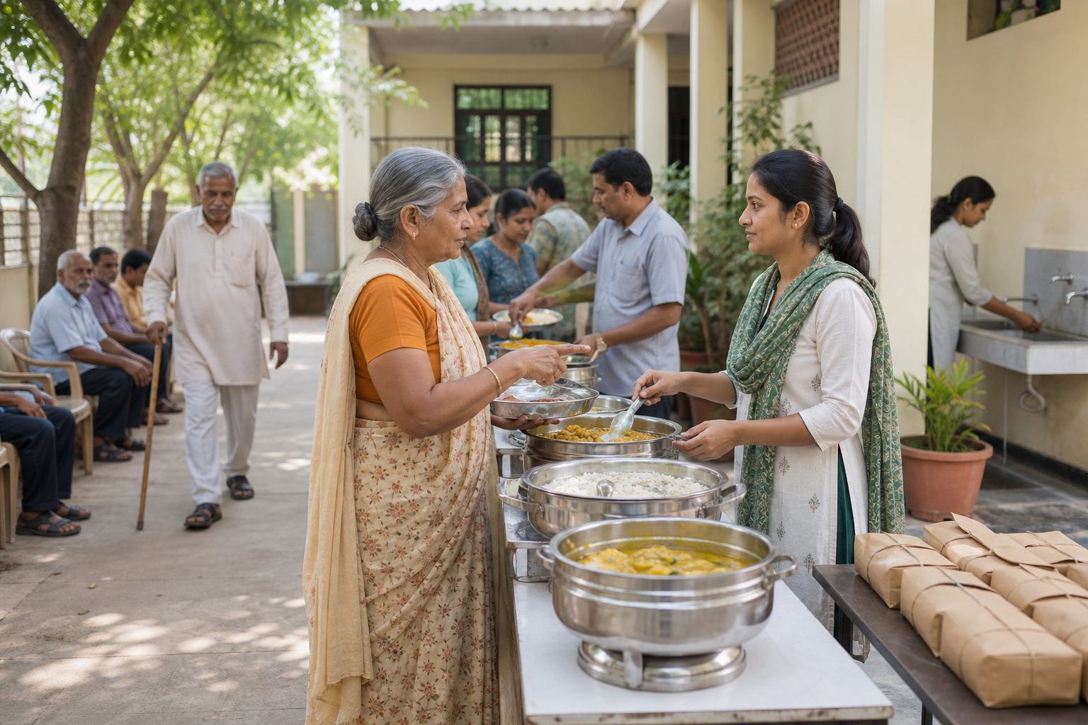 Guests select food at an accessible shaded serving area where volunteers offer portions at eye level beside covered dishes, water, and seating.