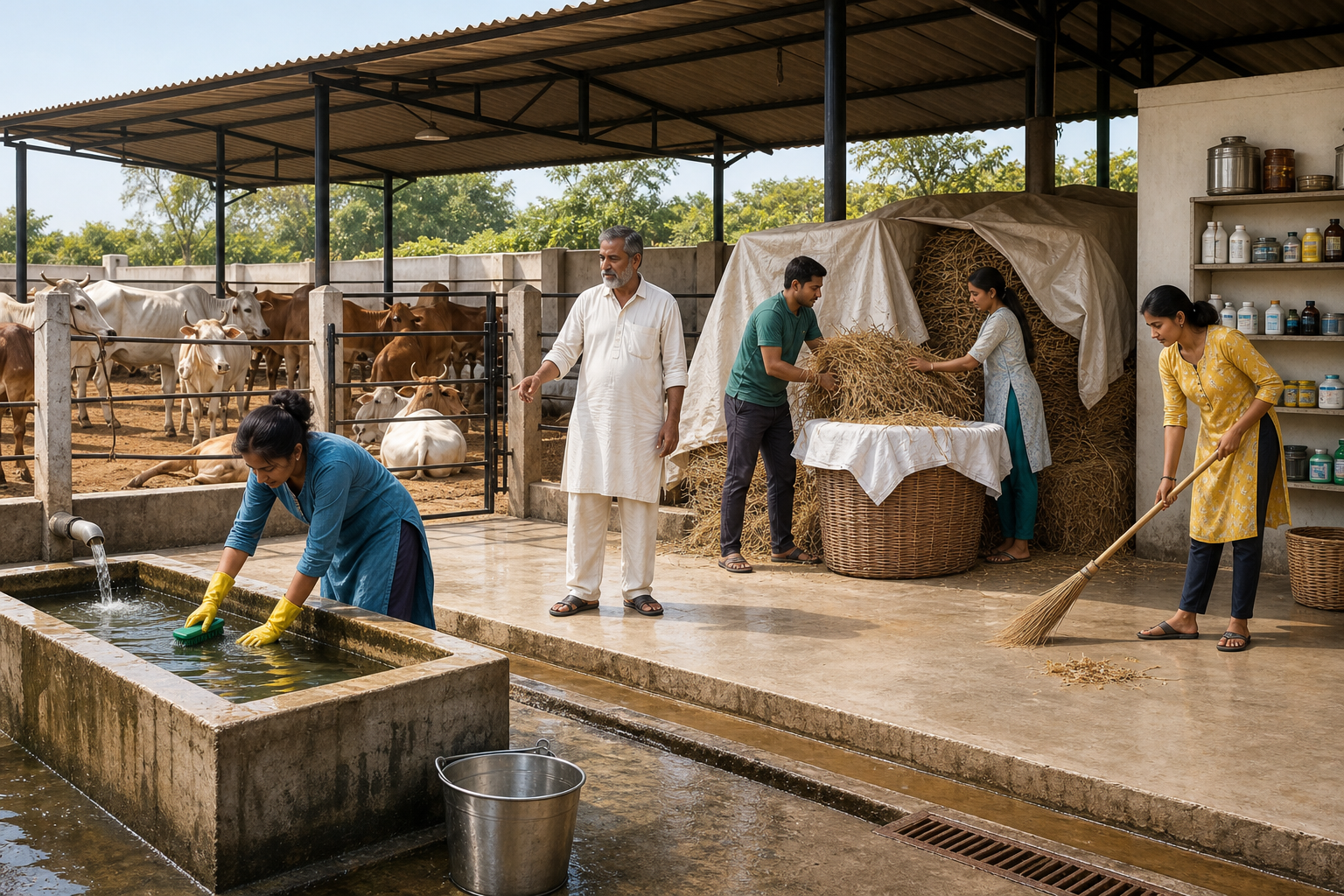 Goshala volunteers clean a water trough, organize fodder, and sweep a shaded cow shelter under a caretaker's guidance.
