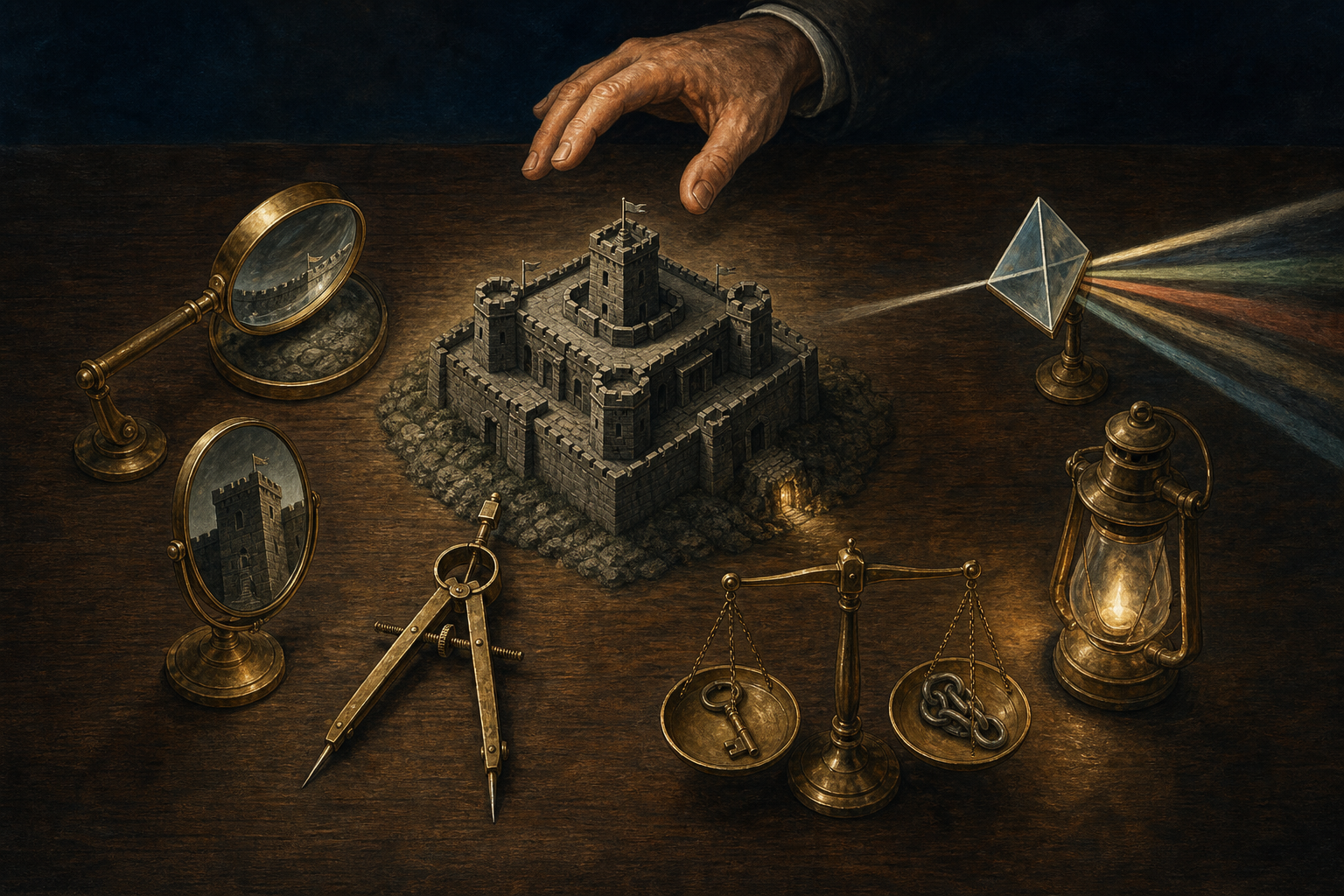 Six brass examination instruments surround a small fortress model on a dark table under a focused study light.
