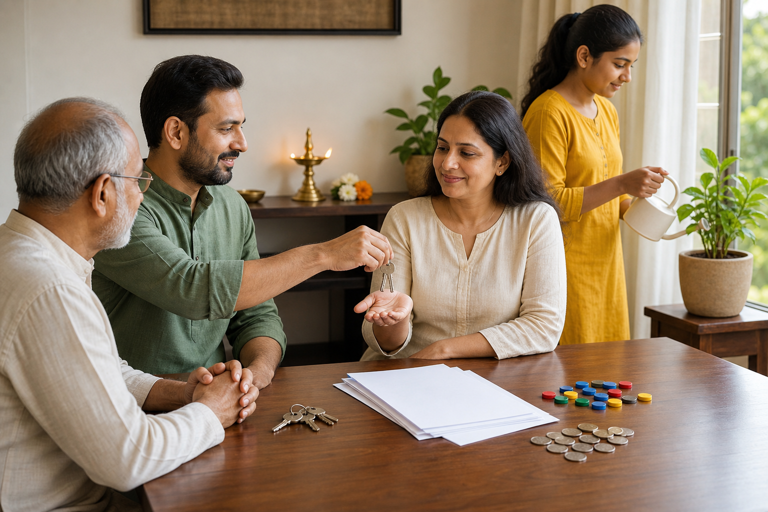 A multigenerational family discusses blank property papers and household finances as one person returns a key and another waters a plant.