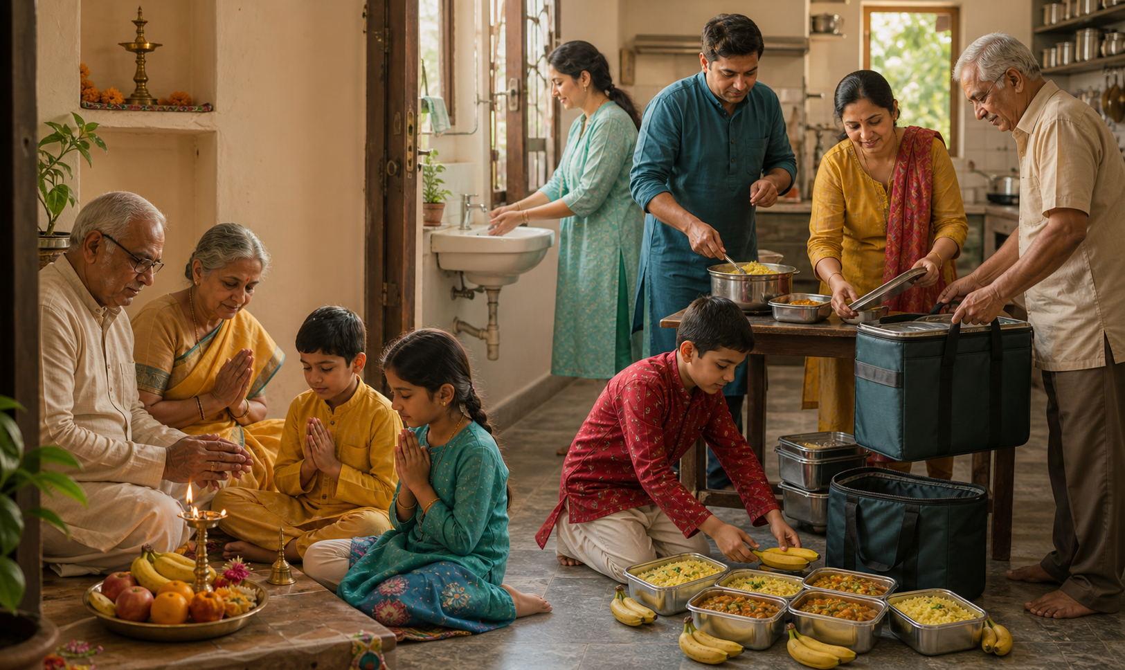 A multigenerational family finishes a small home puja and then portions vegetarian food into containers for community delivery.