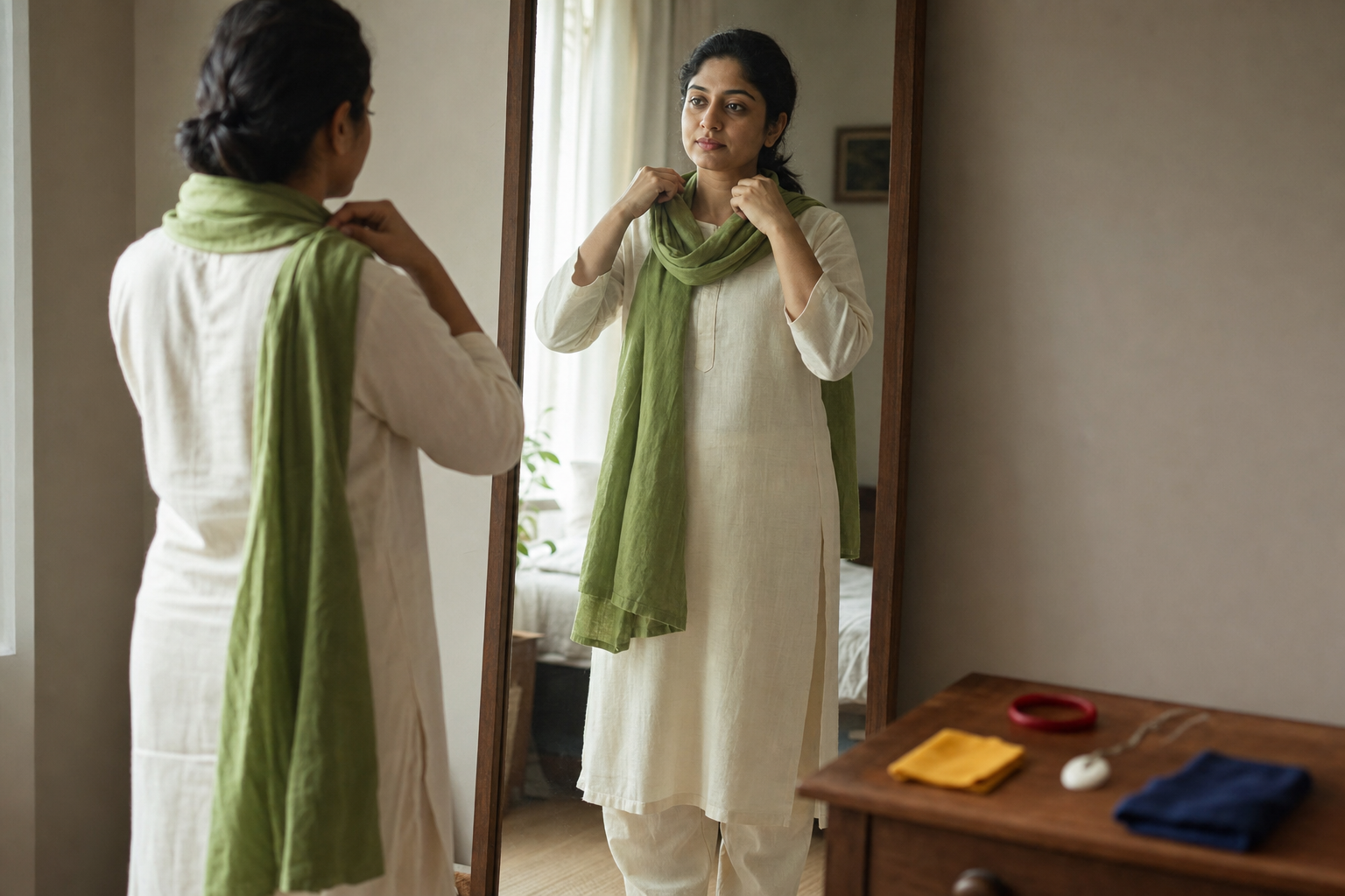 A person in a cream outfit adjusts a green scarf in front of a bedroom mirror while several other coloured accessories rest on a dresser.