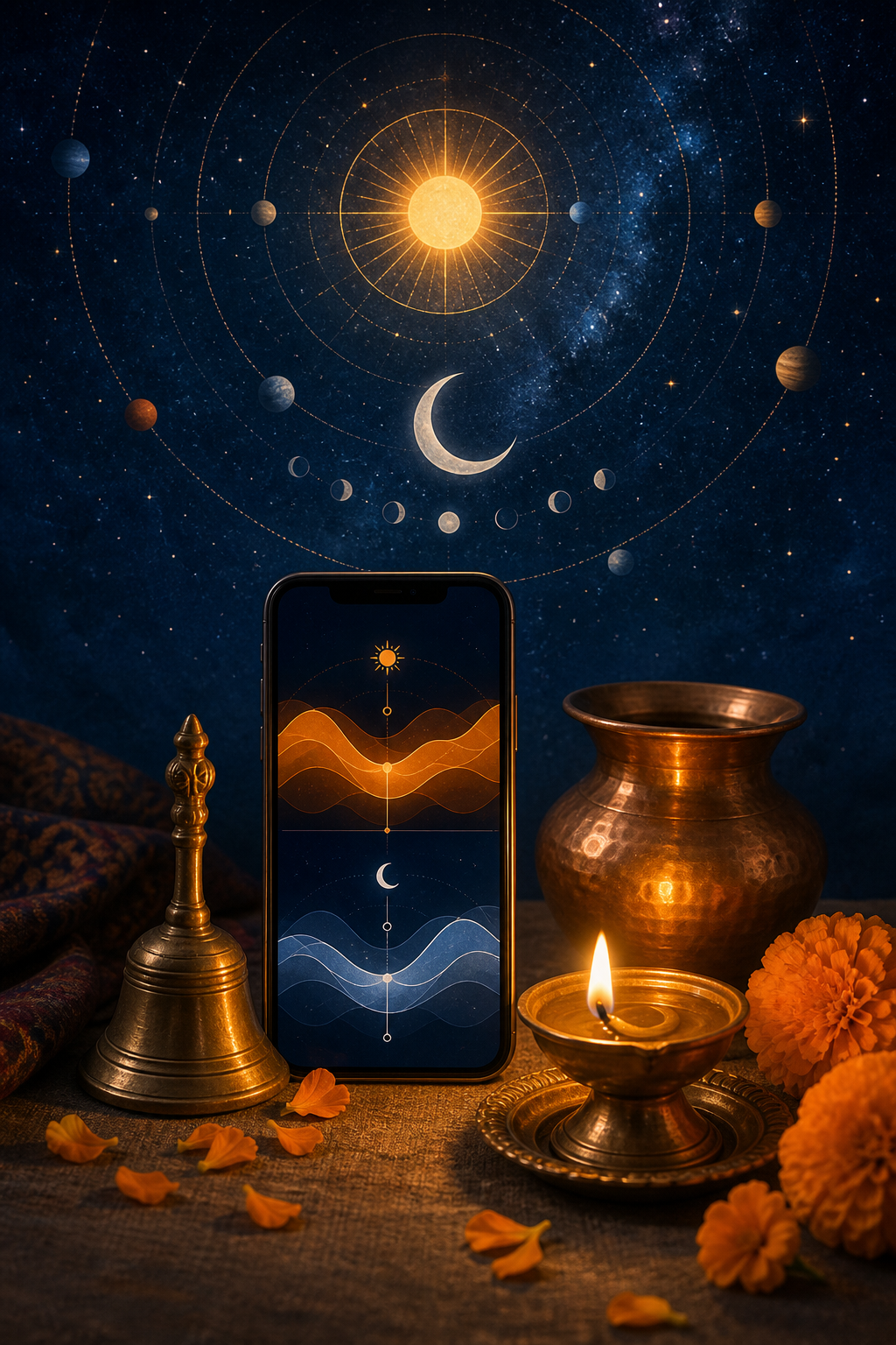 A smartphone showing two different abstract celestial timing bands lies beside a brass oil lamp, marigold petals, a bell, and a copper vessel under a starry sky.