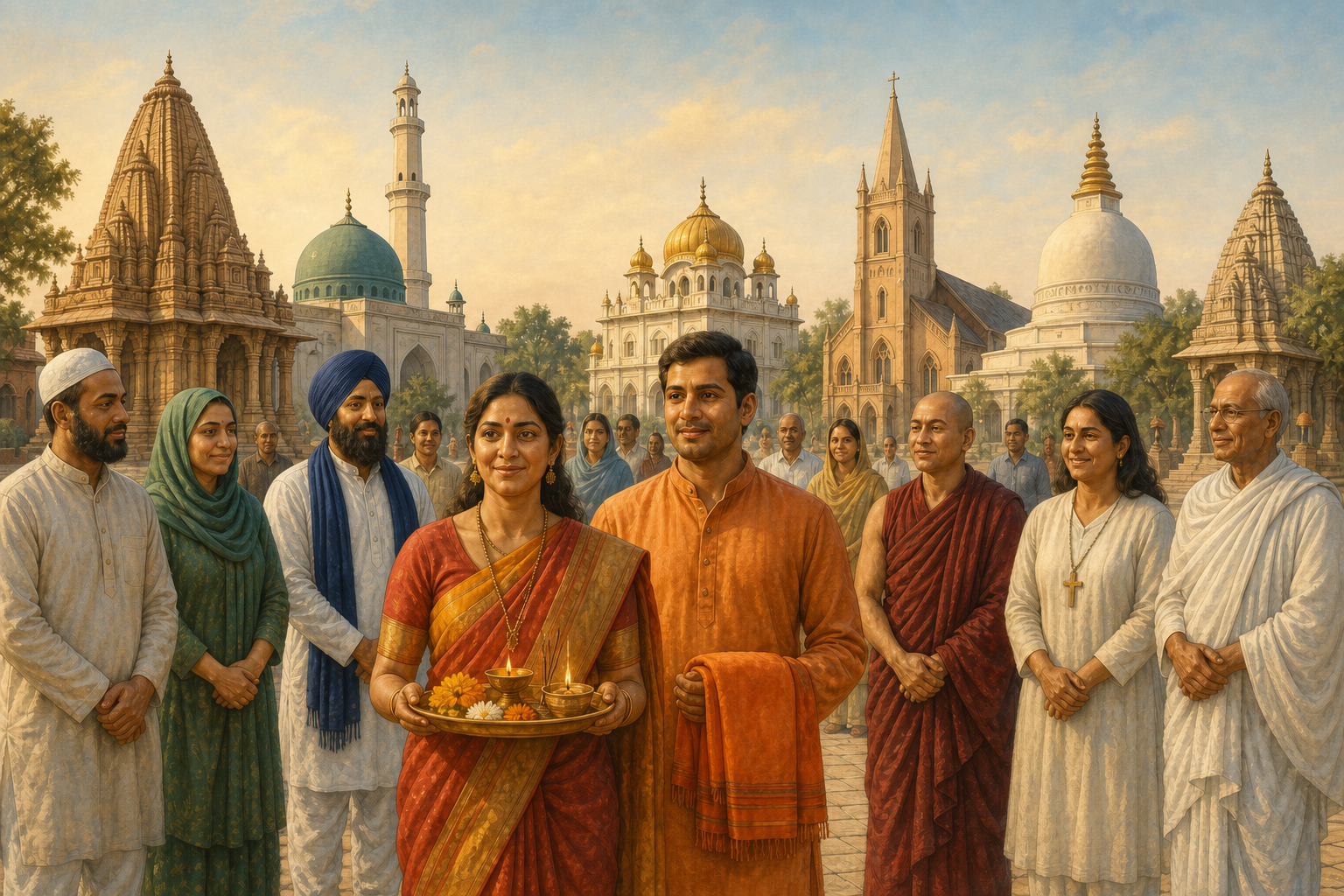 South Asian citizens from several faith communities stand in a sunlit civic courtyard surrounded by Hindu, Muslim, Sikh, Christian, Buddhist, and Jain places of worship.