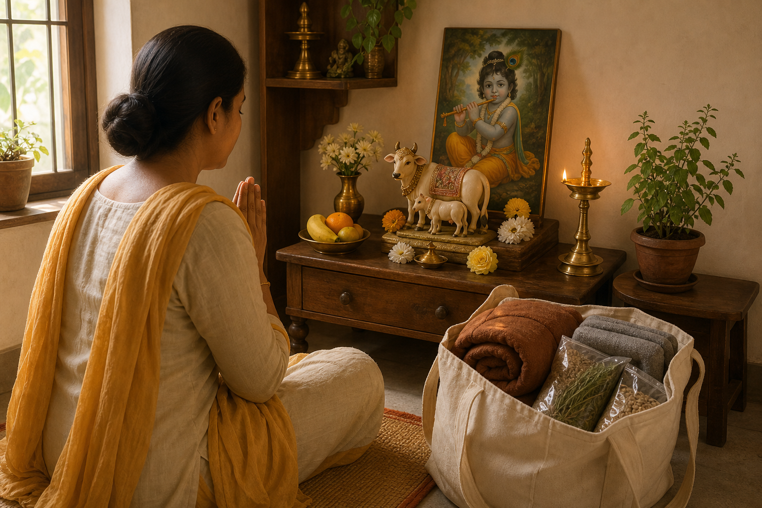 A devotee prays at a modest Krishna altar with flowers, fruit, a cow-and-calf figurine, and donation supplies nearby.