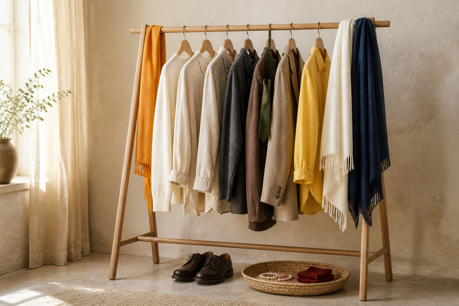 A compact rail of neutral clothing is paired with small orange, white, red, green, yellow, pale pink, and indigo wardrobe accents.