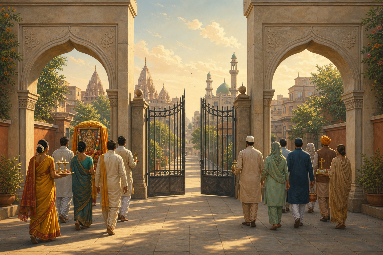 Two religious processions approach the same open civic gate on matching stone walkways under equal light.