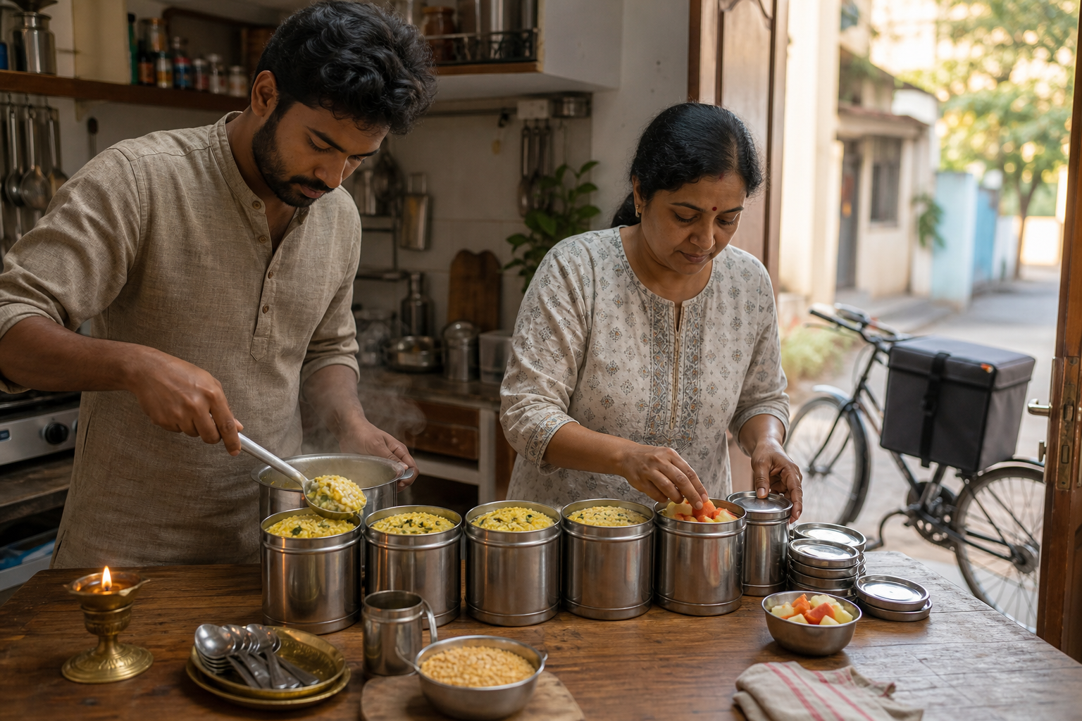 Two people fill a small row of reusable tiffins with khichdi and fruit beside a bicycle prepared for local meal delivery.