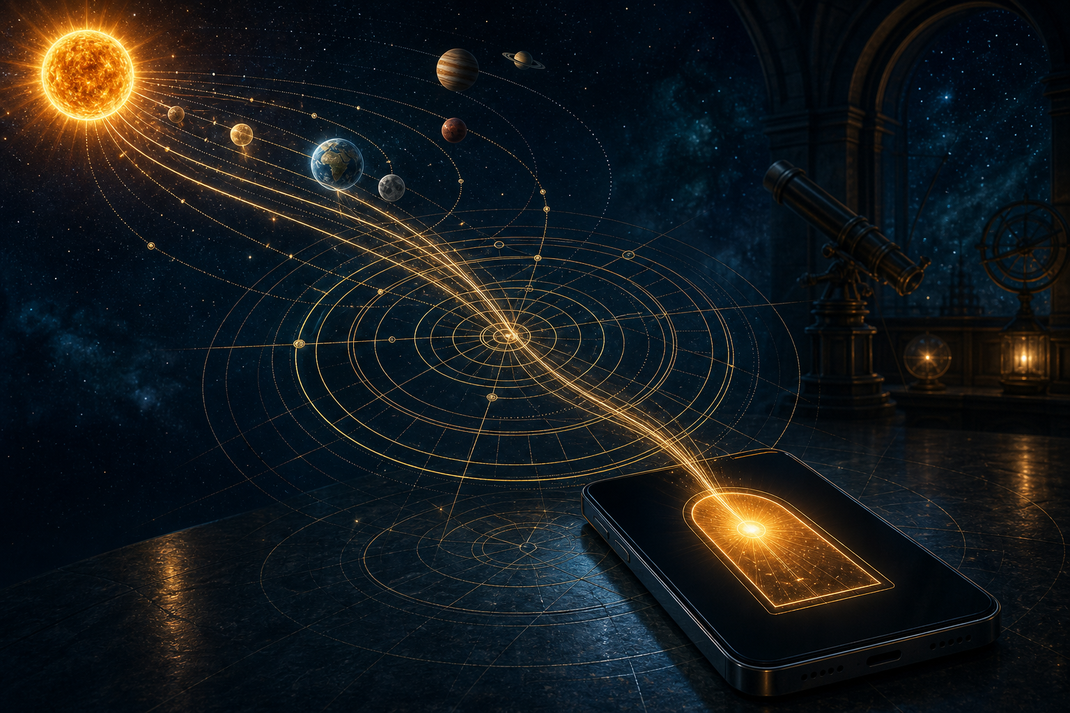 The Sun, Moon, Earth, and planets connect through layers of geometric calendar calculations to a glowing time window on a smartphone.