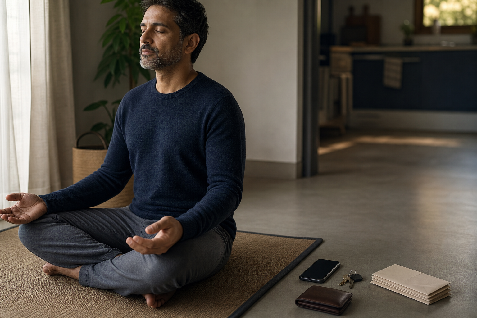 A seated person rests open hands on their knees while a phone, keys, wallet, and blank envelopes lie outside the edge of the mat.