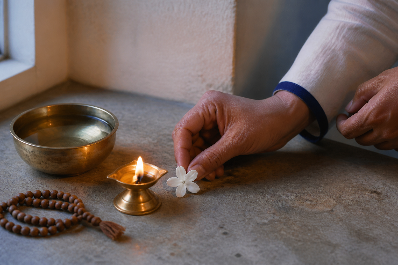 A hand with a narrow indigo cuff places a white jasmine flower beside a glowing brass oil lamp in a simple home prayer space.