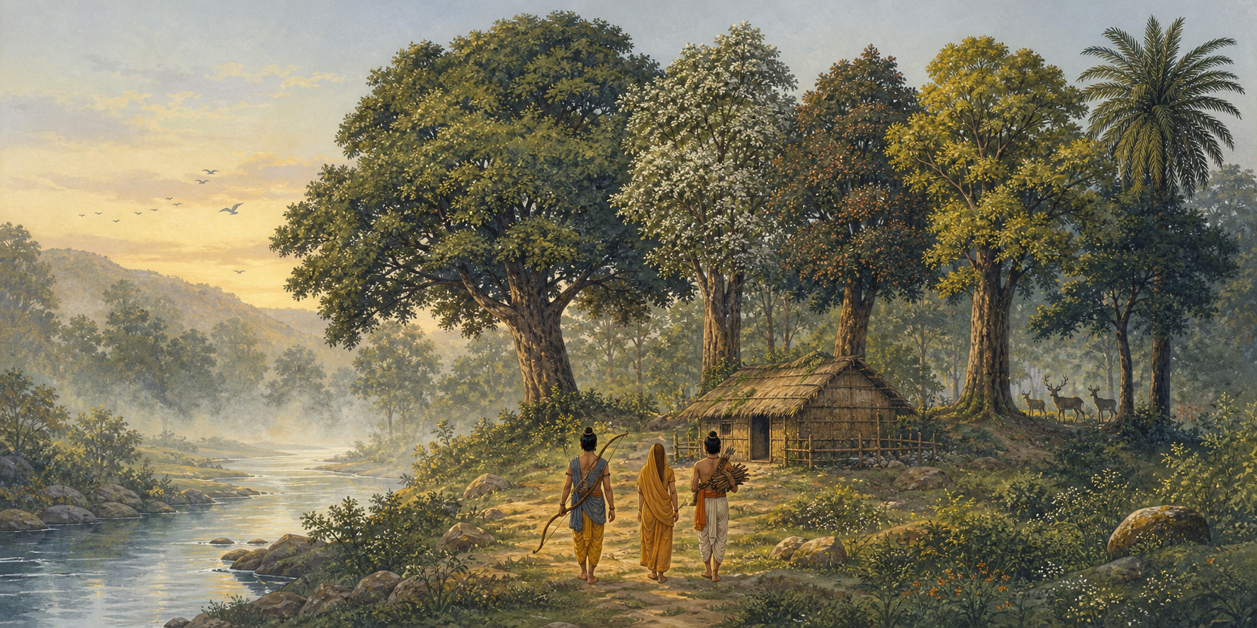 Rama, Sita, and Lakshmana approach a thatched forest hermitage in a five-tree grove beside a river at dawn.