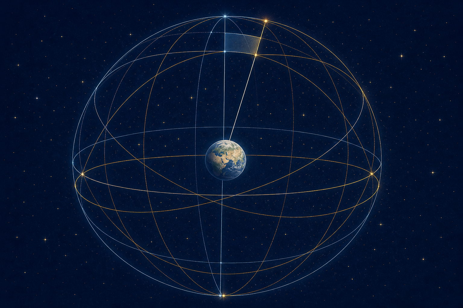 Earth sits inside a celestial sphere with two precisely drawn but slightly offset coordinate circles against a field of stars.