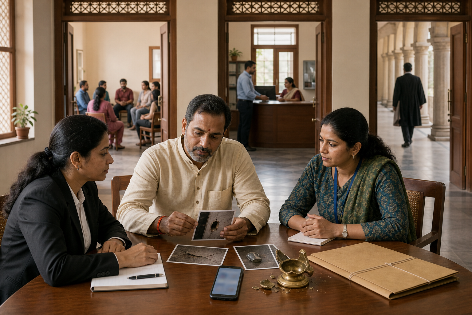 A Hindu community advocate, legal adviser, and civic mediator examine a phone, photographs, documents, and a damaged brass lamp in a meeting room.