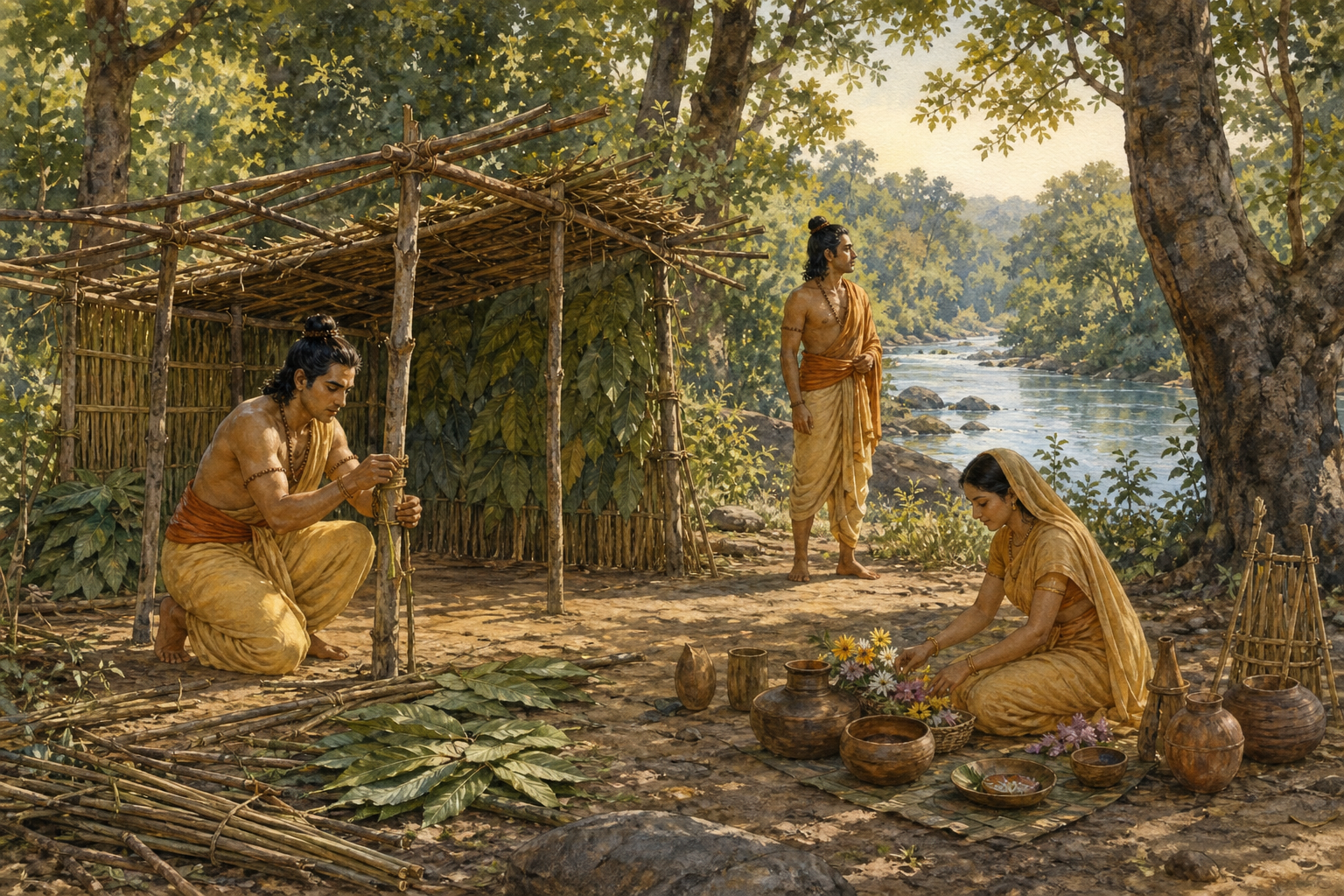 Lakshmana builds a leaf-and-branch hermitage while Rama and Sita stand in a wooded riverside clearing.