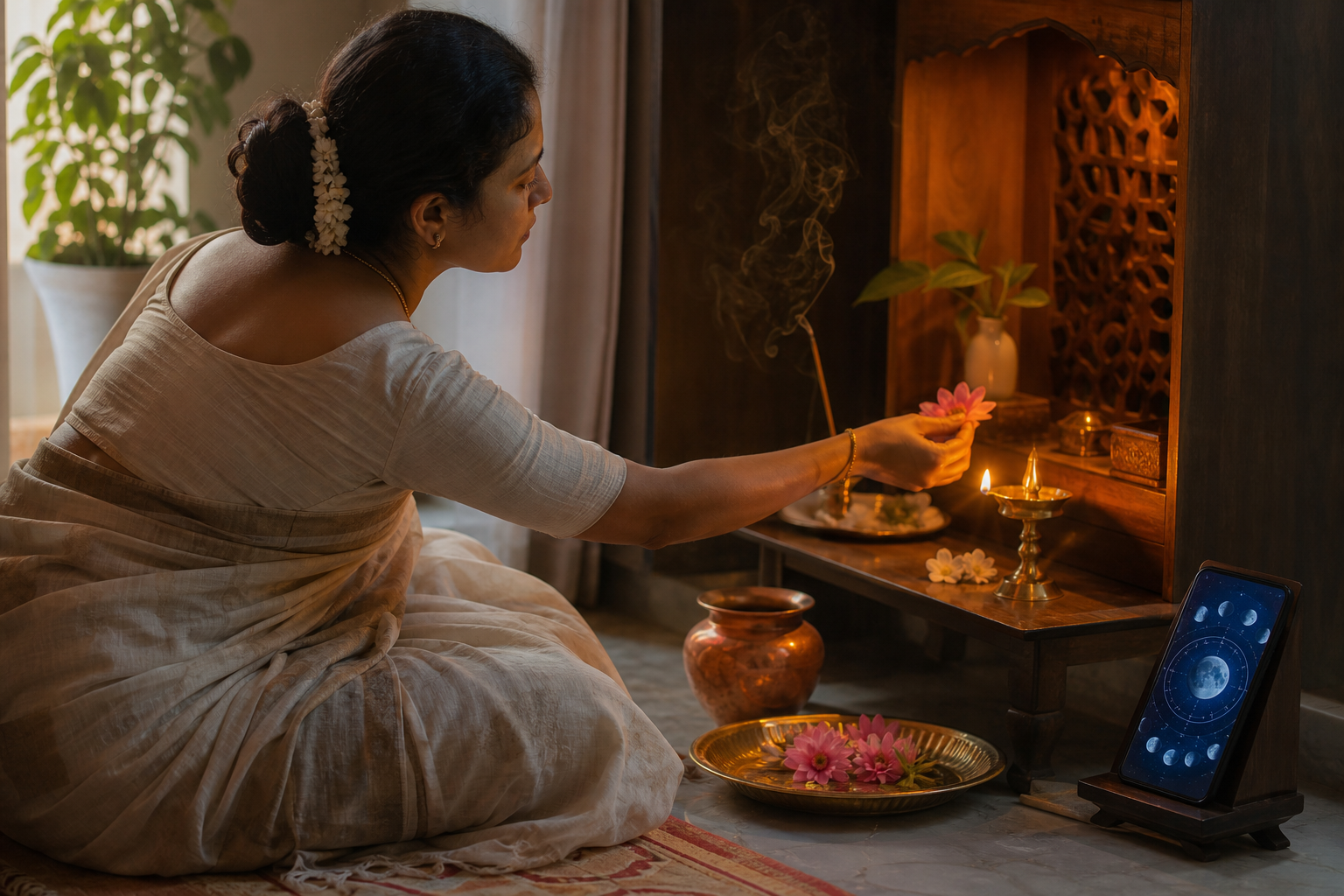 A devotee offers a flower at a home altar while a nearby smartphone displays abstract lunar and orbital calculations.