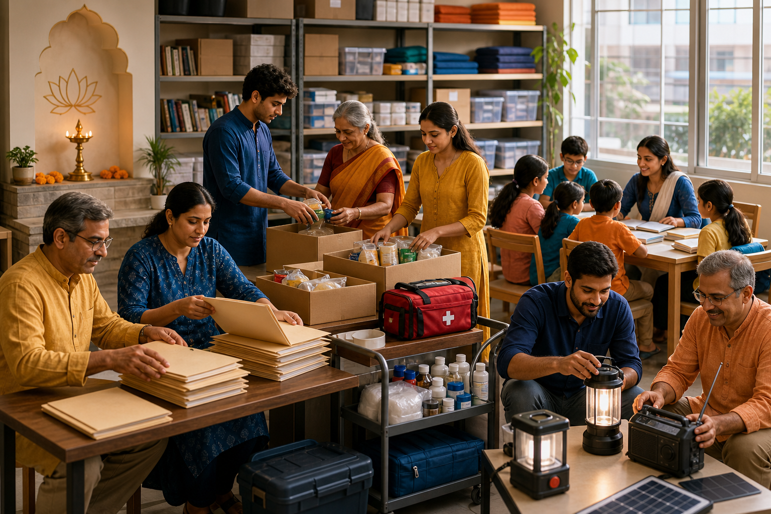 Hindu volunteers organize legal files, food, medical supplies, education, and emergency equipment inside a community resource center.
