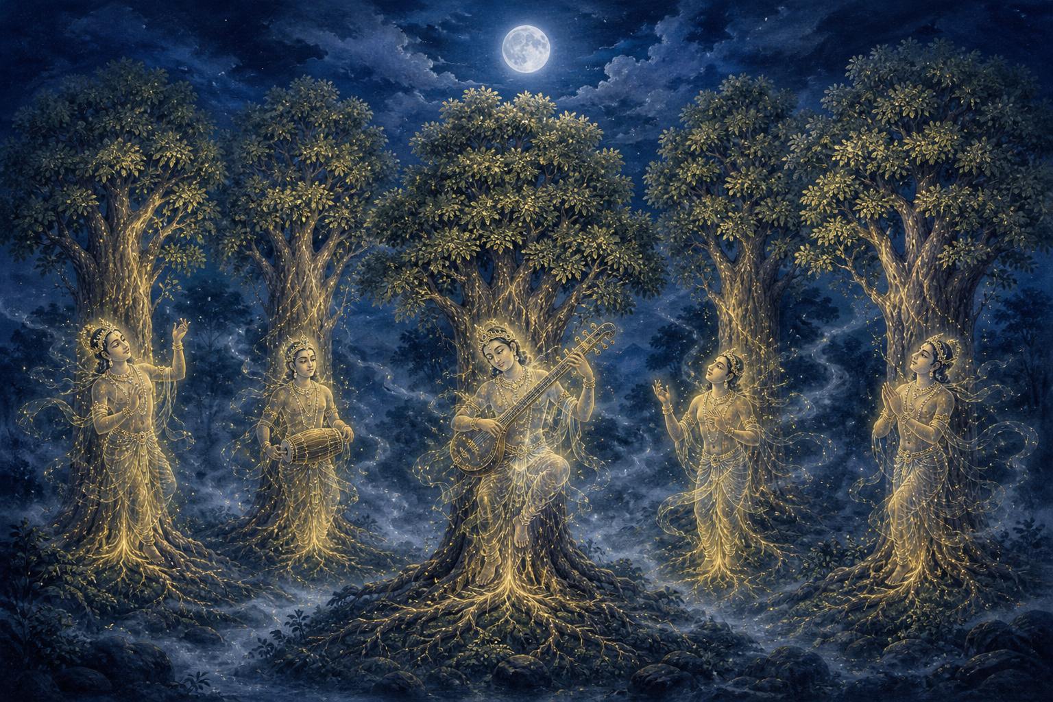 Five luminous celestial musicians appear in moonlit mist among five ancient trees.