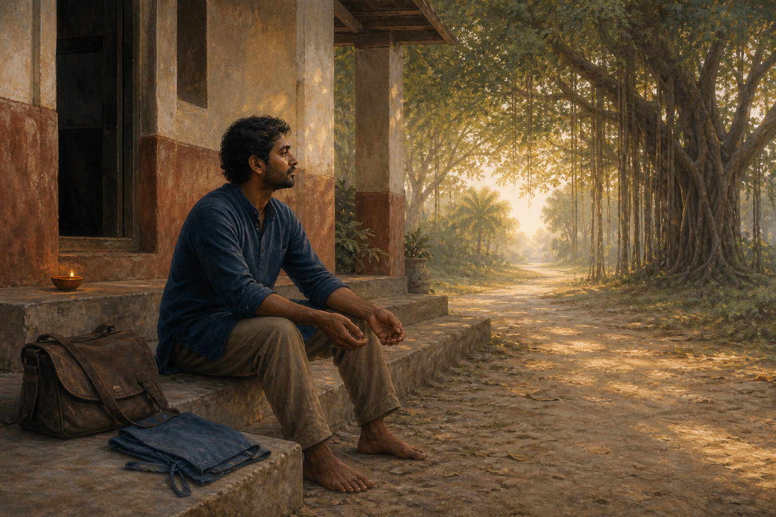 A tired adult rests outside a community hall at dawn beside a folded apron and satchel, while a clay lamp glows near a path leading into trees.