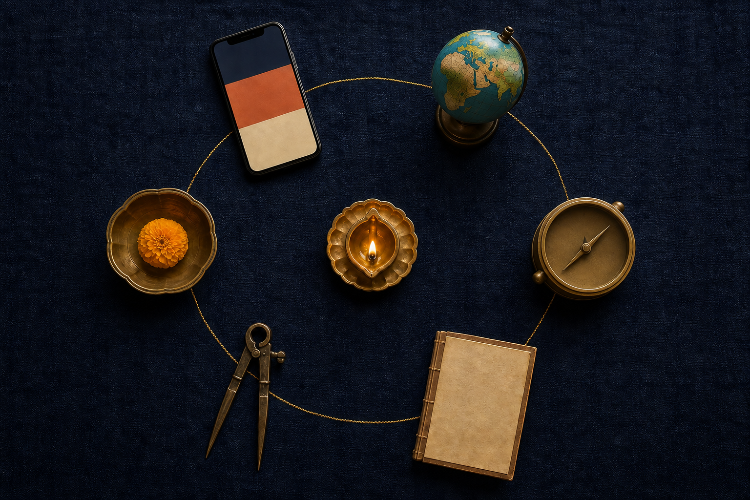 Six objects, including a smartphone, globe, compass, almanac, dividers, and flower bowl, form a circle around a brass oil lamp.
