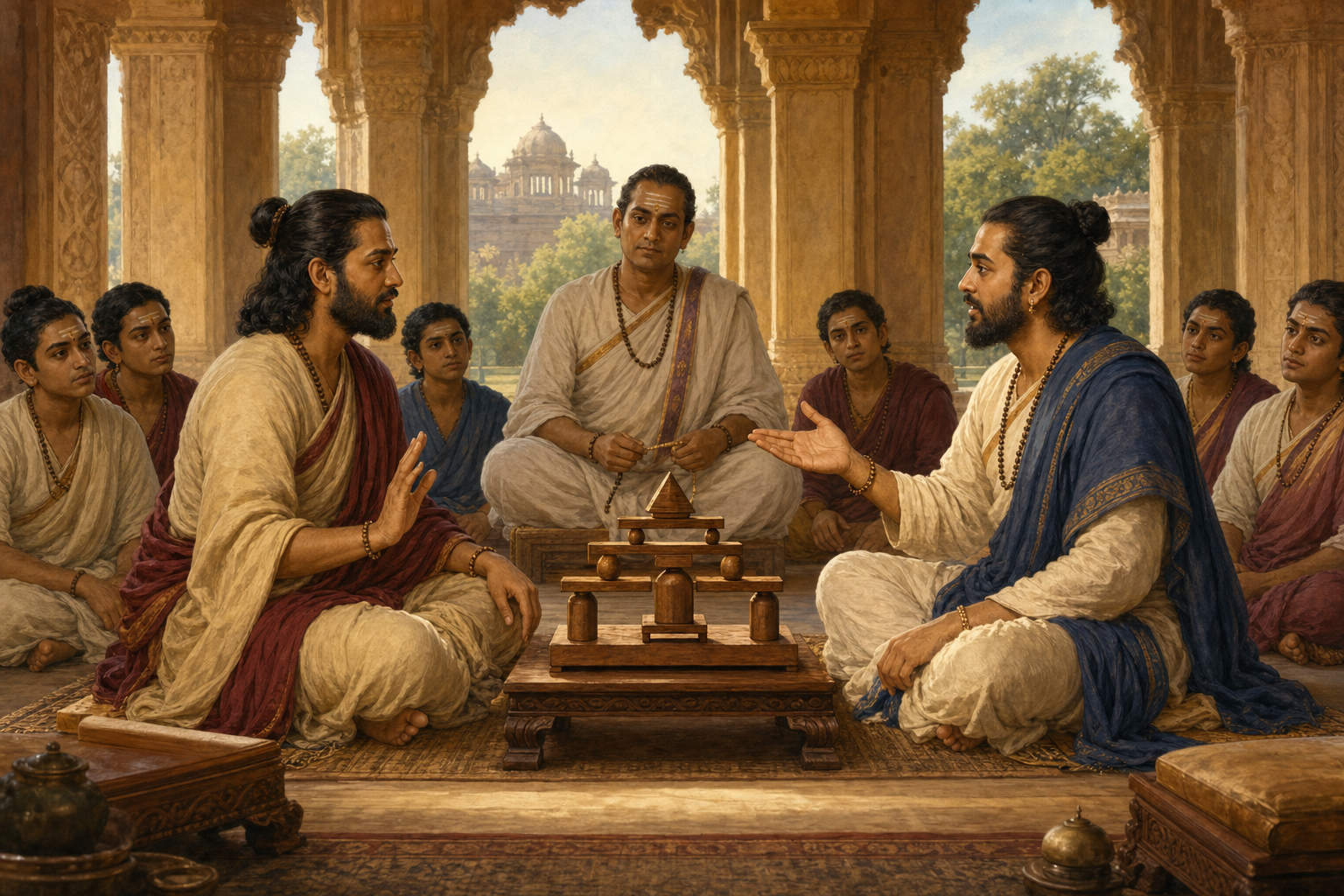 Two scholars debate before students as one carefully presents a balanced model of the other's position and the other listens in acknowledgment.