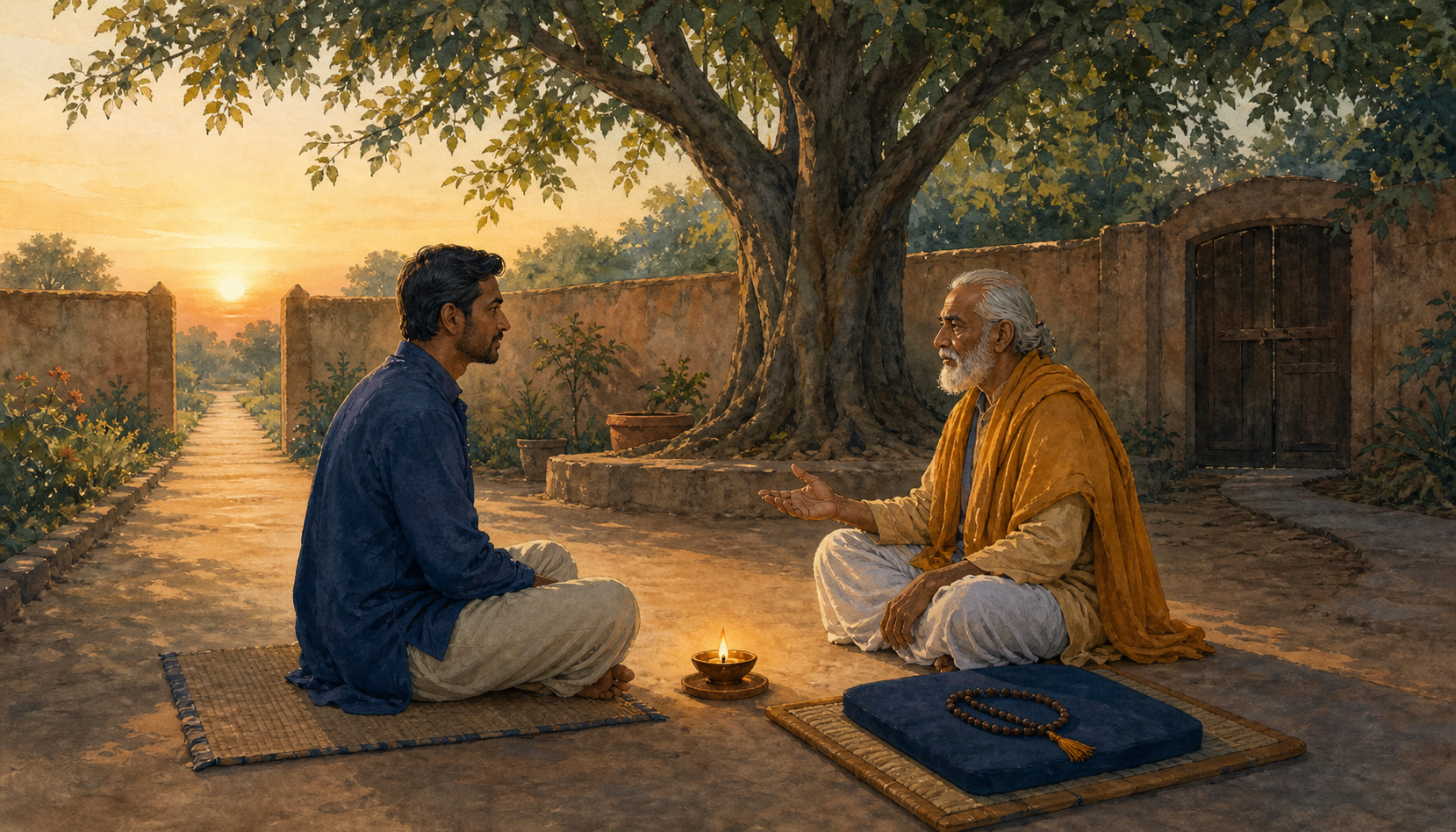 An adult practitioner listens to an elder spiritual teacher in an ashram courtyard, with a lit oil lamp, meditation seat, mala, and sunlit path between them.