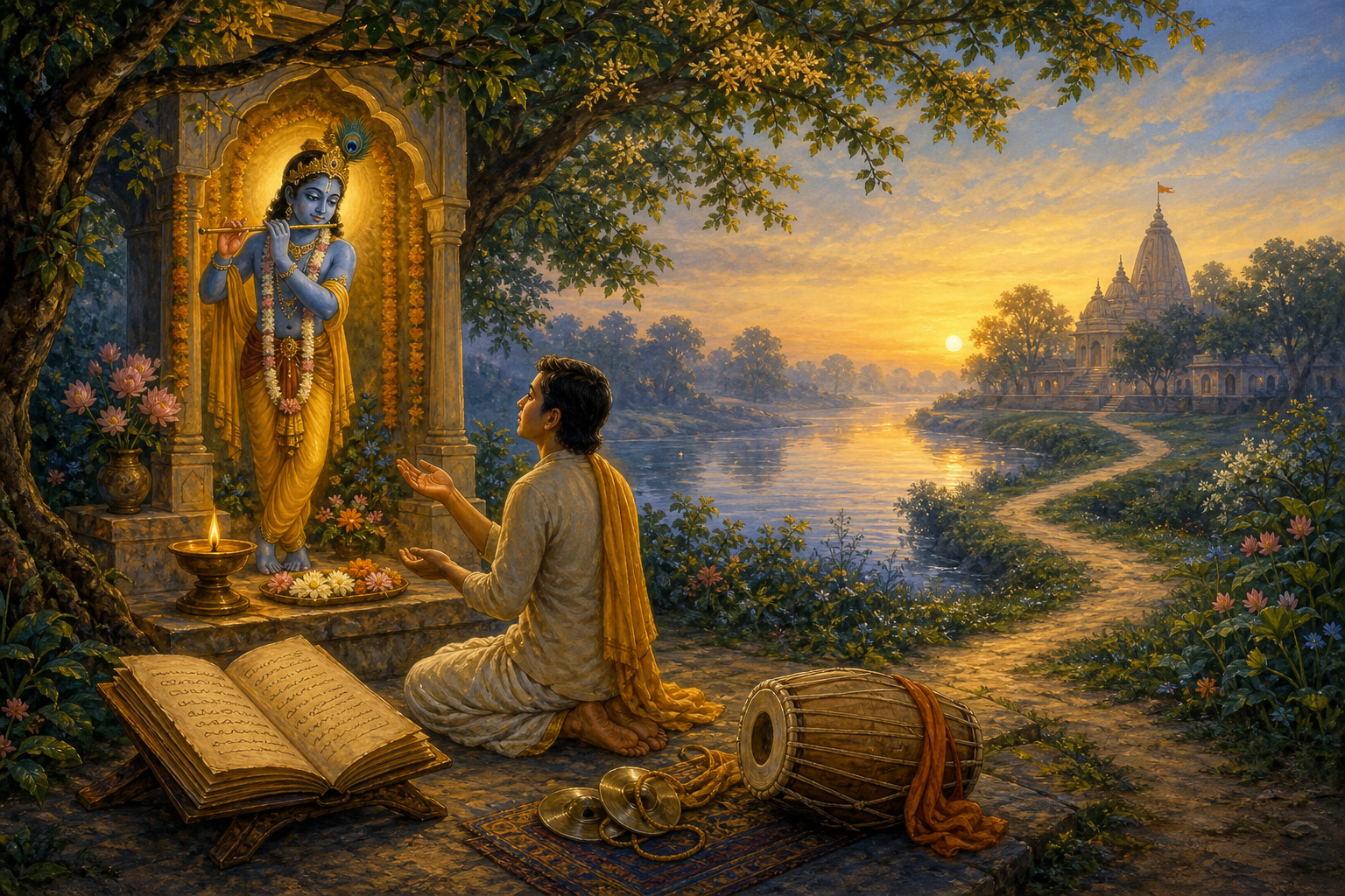 A devotee kneels before a small shrine to Krishna beside a river, with an oil lamp, manuscript, musical instruments, and a path to a distant temple.